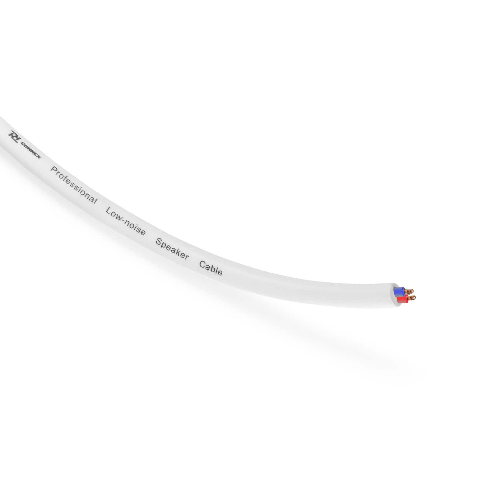 Cable de altavoz blanco con cables rojo y azul al final, el texto dice: Profesional Low-noise Speaker Cable.