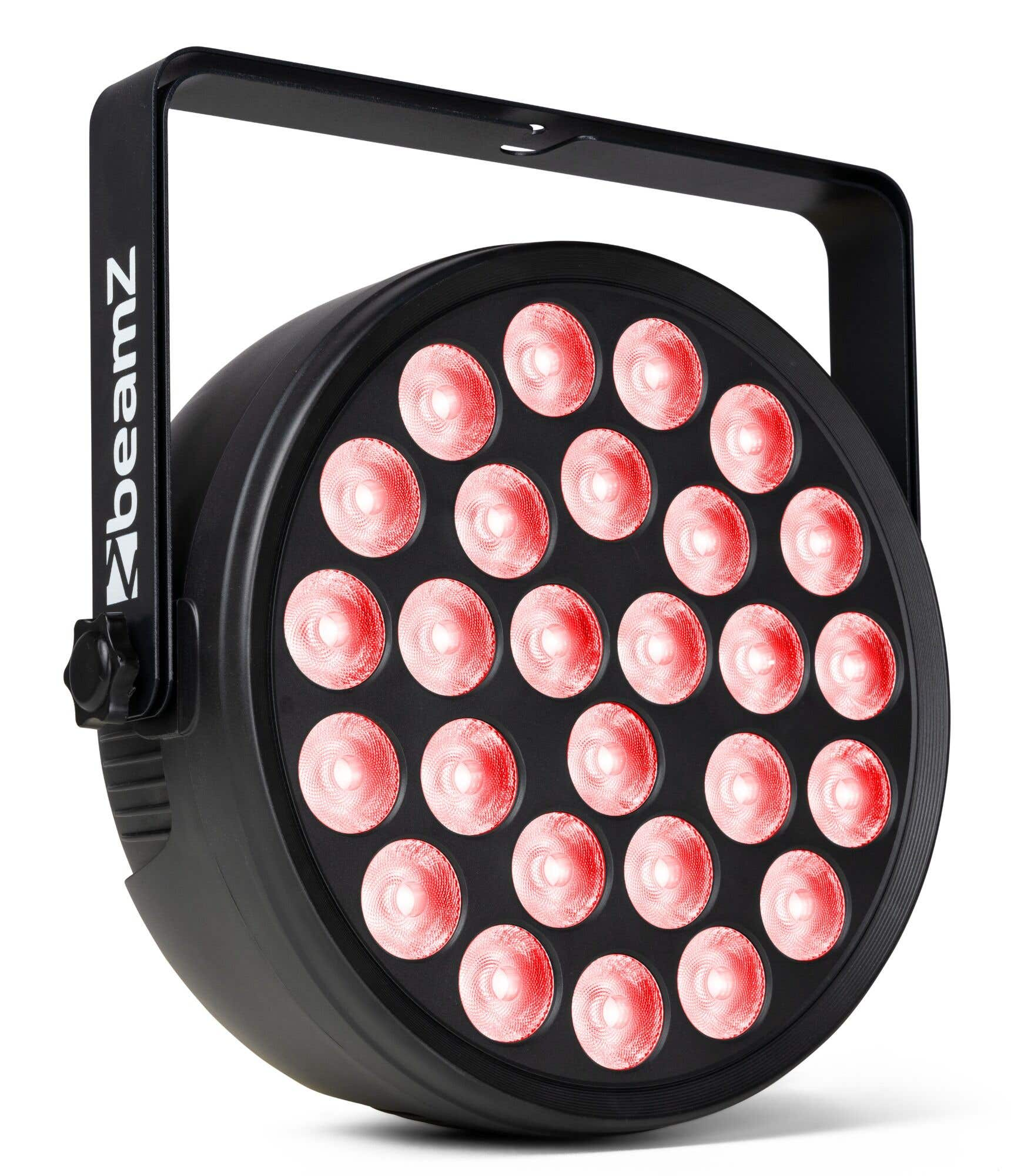 Una luz de escenario negra con LED rojos y un asa. La marca beamz es visible en el lateral.