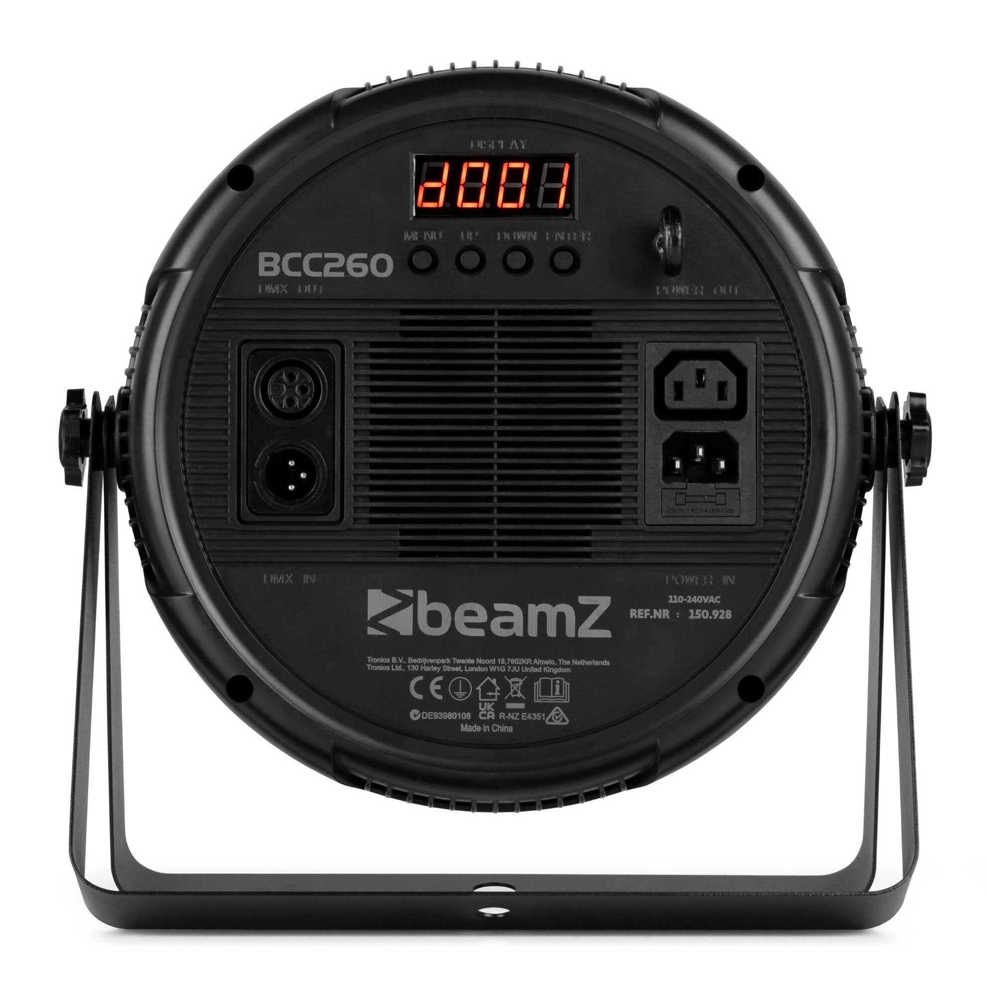 Foco de escenario negro con pantalla, botones y conexiones de alimentación. El texto incluye 'beamz', 'BCC260' y especificaciones.