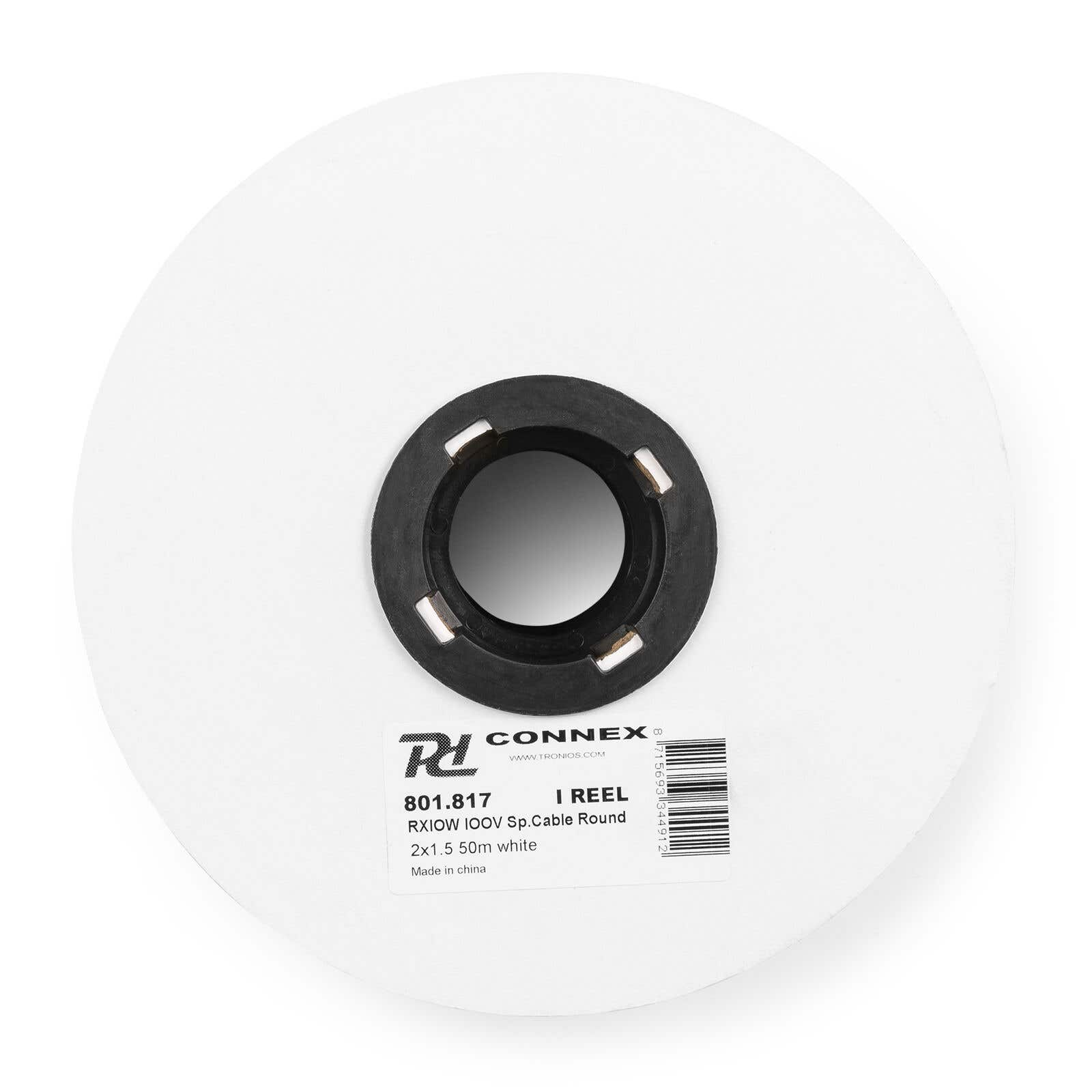 Bobina de cable blanca con centro negro, etiqueta del producto en el lateral y código de barras. La marca es Connex.