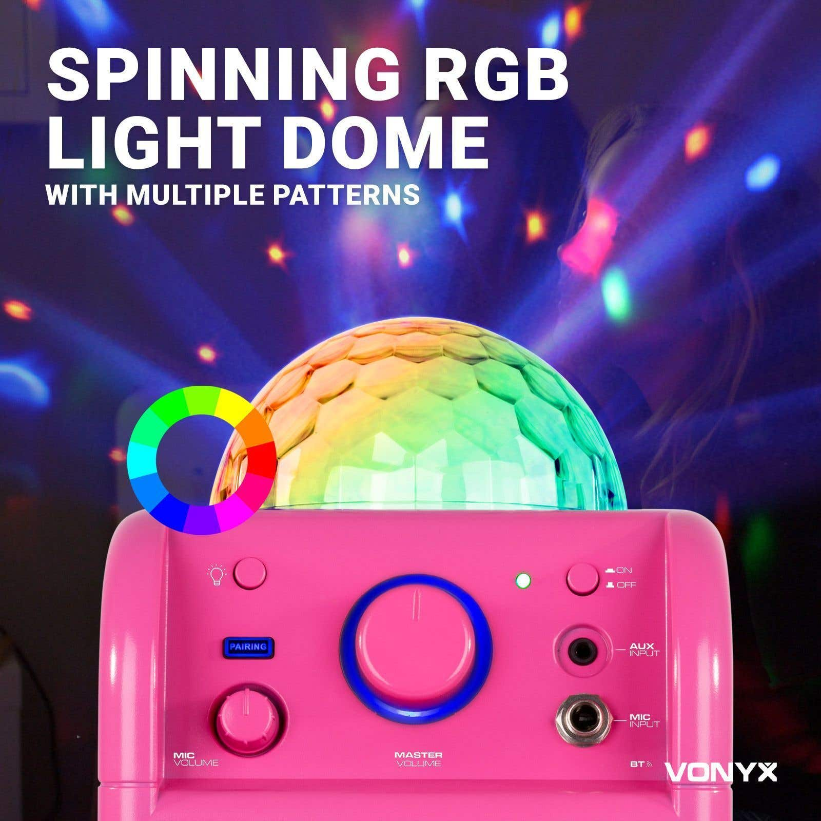 Cúpula de luz RGB rosa con múltiples patrones, con un círculo de luz colorido y el logotipo de VONYX.