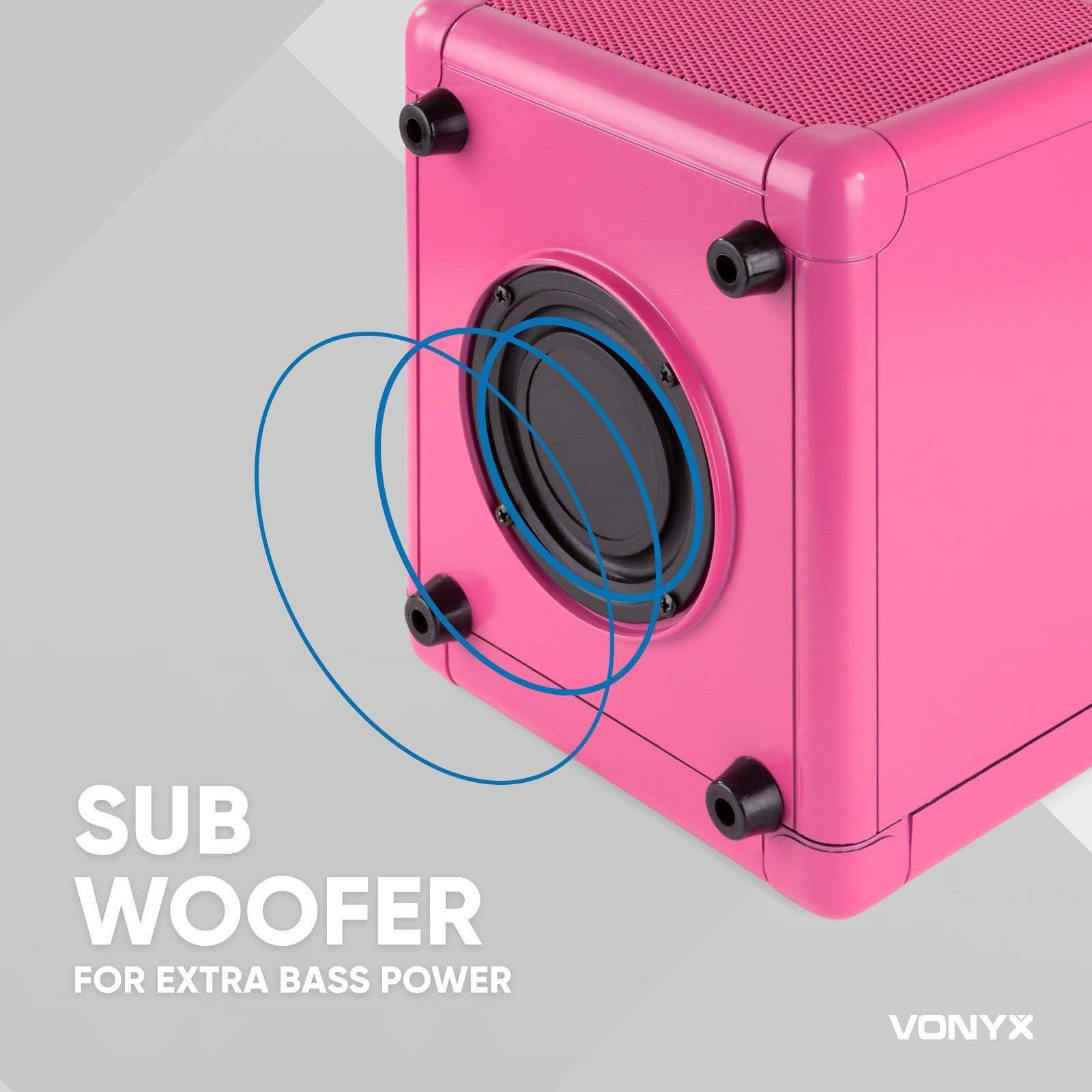 Un subwoofer rosa con un altavoz negro. El texto "SUB WOOFER" y "FOR EXTRA BASS POWER" es visible.