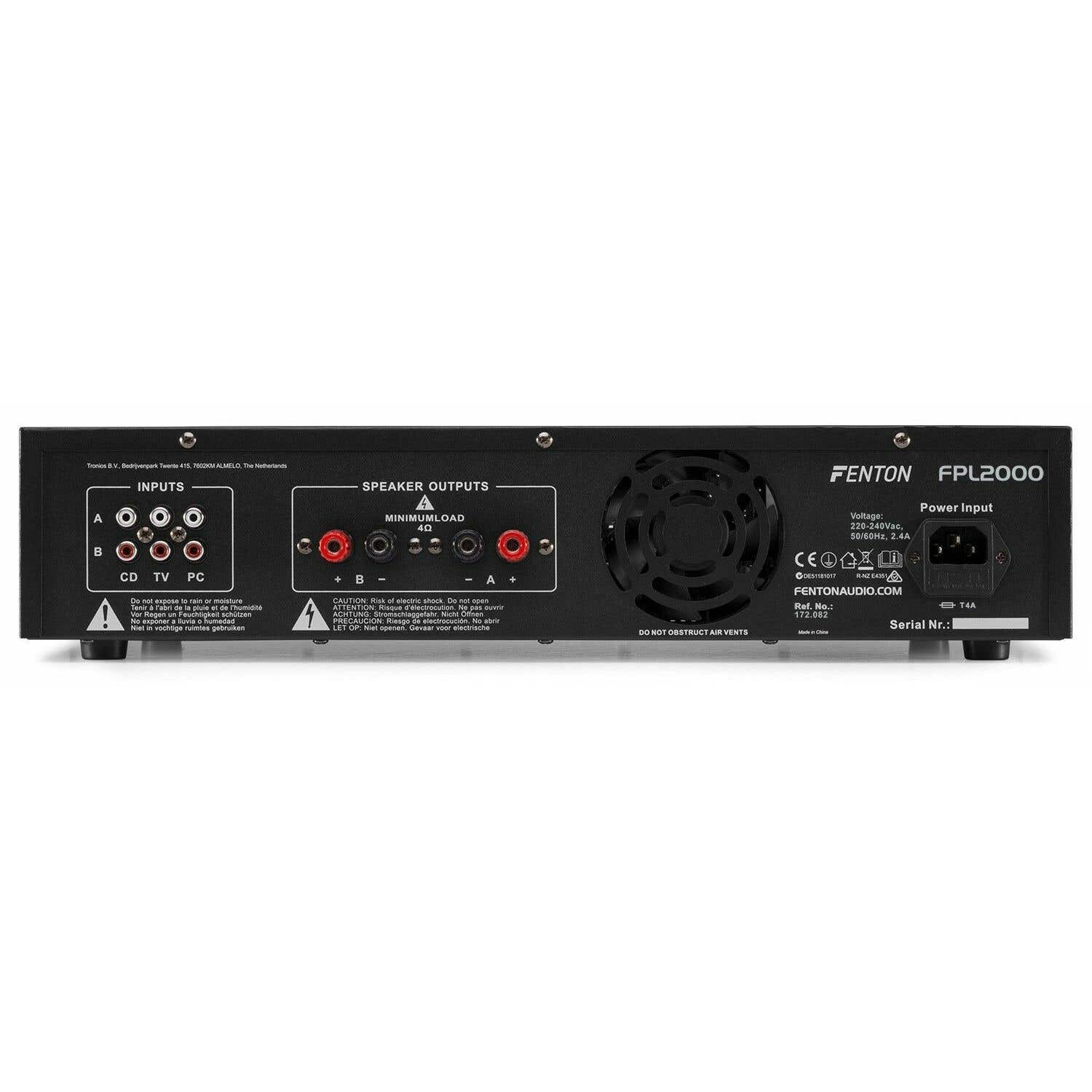 Amplificador de audio Fenton FPL2000 negro. Tiene entradas, salidas de altavoz, entrada de alimentación y advertencias. Texto incluye modelo y marca.