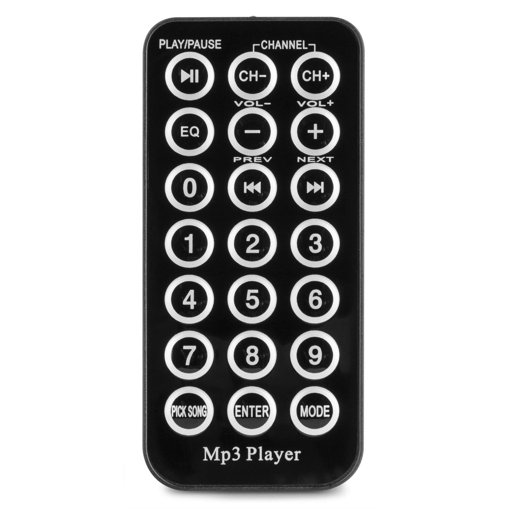 Mando a distancia negro de reproductor MP3 con botones de reproducción/pausa, canal, volumen, números y funciones.