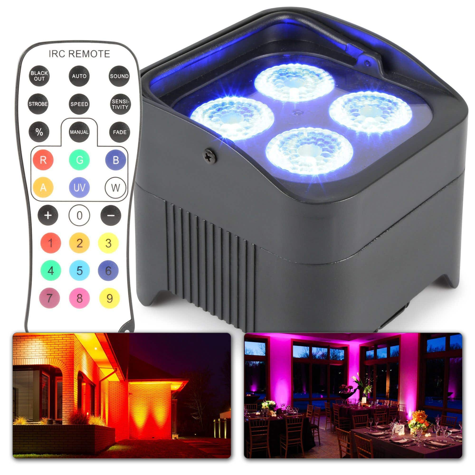 Una luz LED negra con mando a distancia. El mando tiene botones. Dos imágenes muestran iluminación de color en habitaciones y en un edificio.