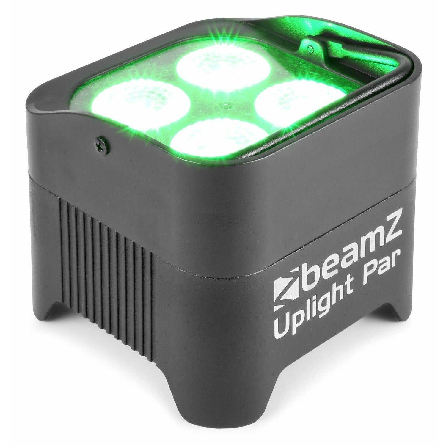 Un Beamz Uplight Par negro. Tiene cuatro luces verdes brillantes. El nombre está impreso en blanco en el lateral.