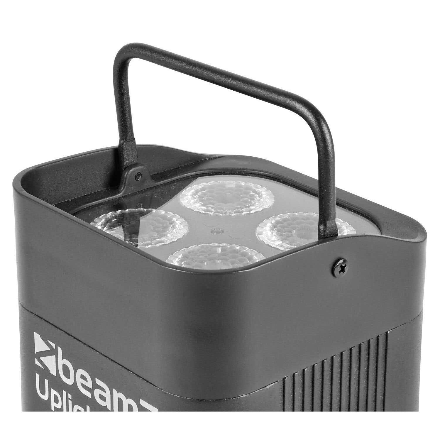 Un Beam Uplight negro con asa. Se ven cuatro luces claras a través de la parte superior. El dispositivo tiene líneas verticales en el lateral.