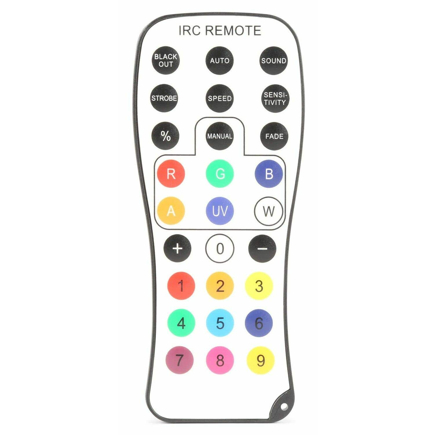 Un mando a distancia IRC con múltiples botones para luces. Botones incluyen: selección de color, números y controles de función como estrobo y velocidad.