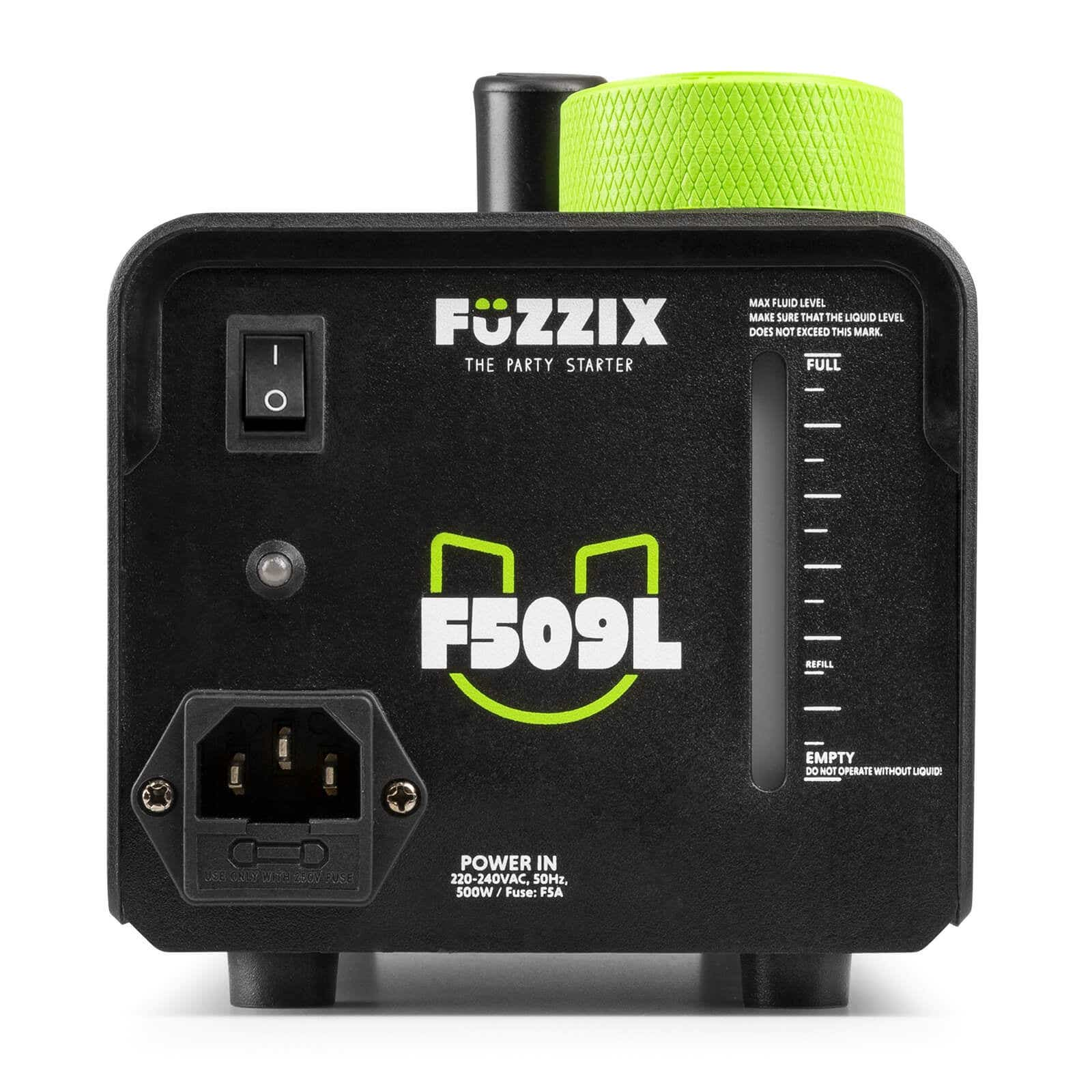 Máquina negra Fuzzix F509L con tapa verde. Tiene un botón de encendido, una entrada de alimentación y un indicador de nivel de líquido.
