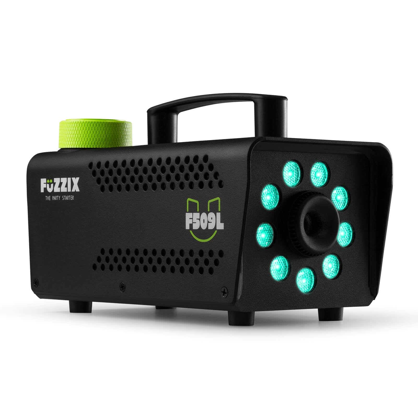 Arrancador de fiesta Fuzzix F509L negro con luces verdes y una perilla verde en la parte superior. El asa es negra.