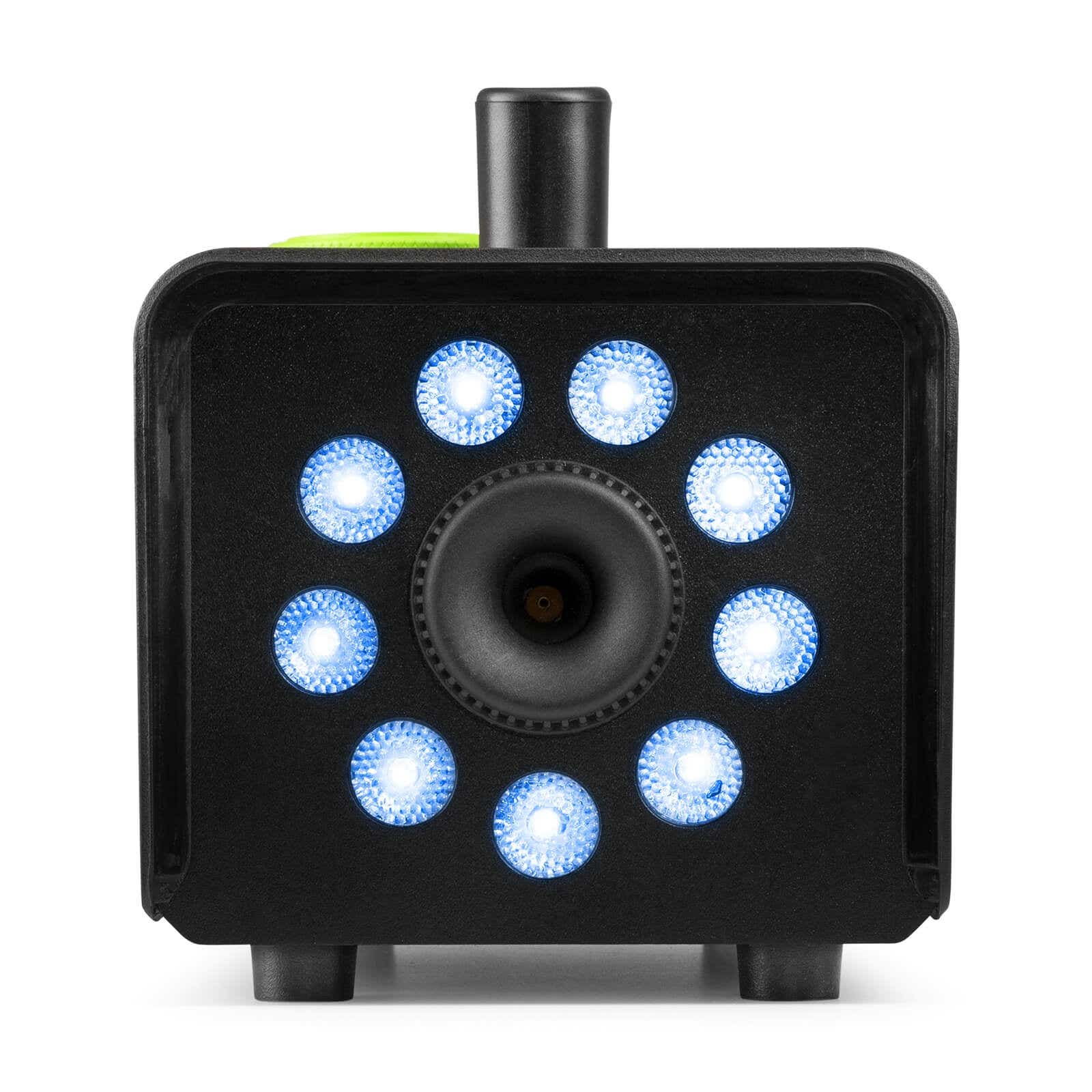 Dispositivo negro con luces azules alrededor de un altavoz central. Un tubo negro en la parte superior, y verde visible.