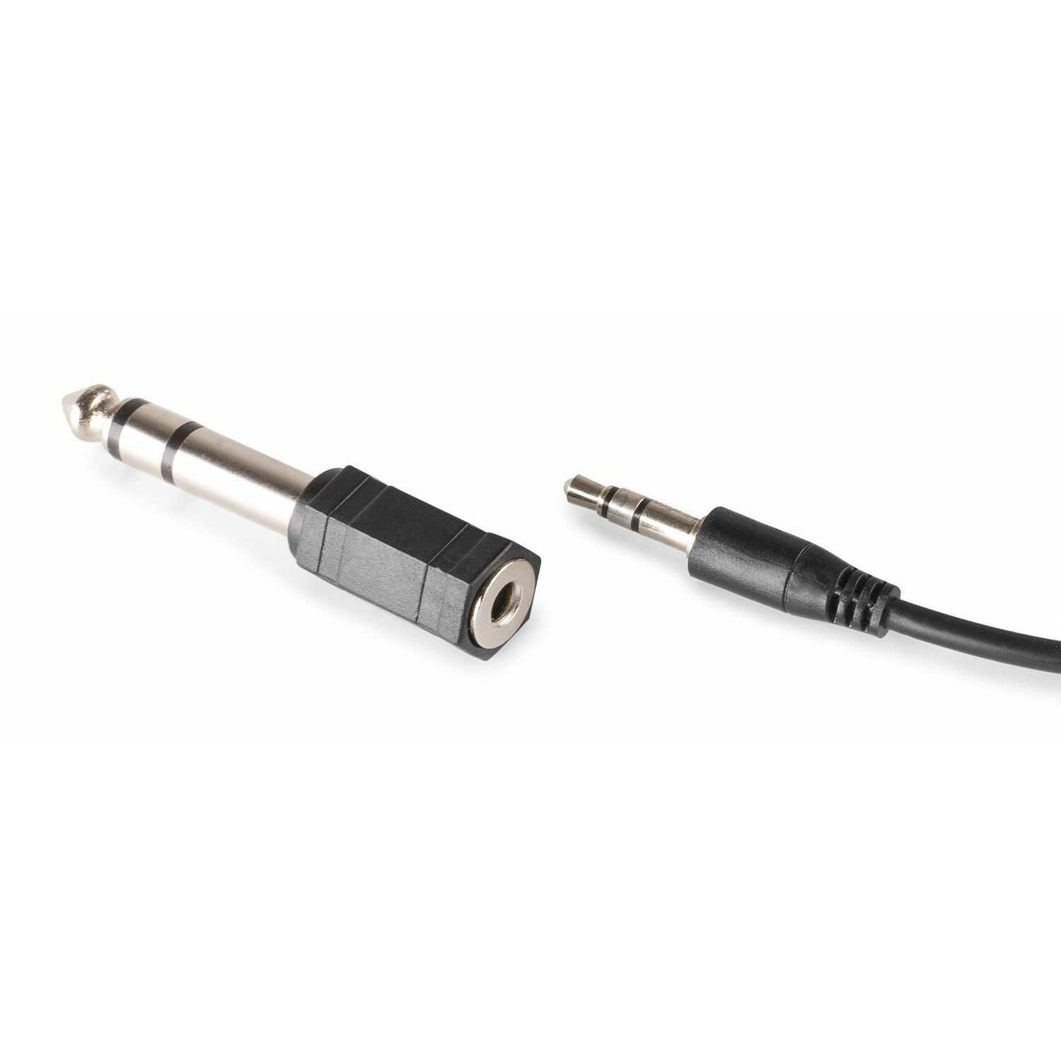 Zwei Audioanschlüsse, ein 6,35-mm-Adapter und eine 3,5-mm-Buchse, sind vor weißem Hintergrund getrennt, was die Konnektivität verdeutlicht.