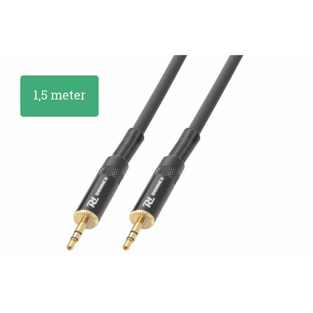 Dos cables de audio negros con conectores dorados. Una caja verde indica la longitud de 1,5 metros. Los cables están etiquetados 'RL CONNEX'.