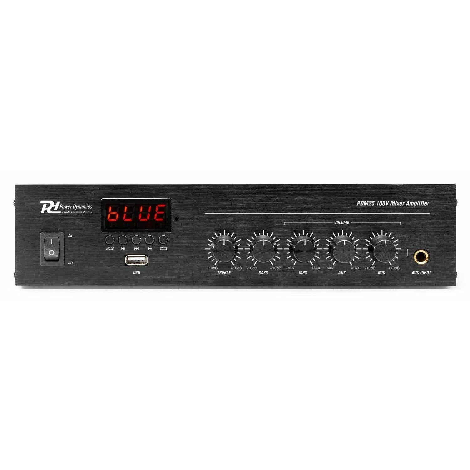 Mixer audio nero con manopole e pulsanti. Il display digitale mostra 'BLUE'. Il testo include 'Power Dynamics' e 'PDM25 100V Mixer Amplifier'.