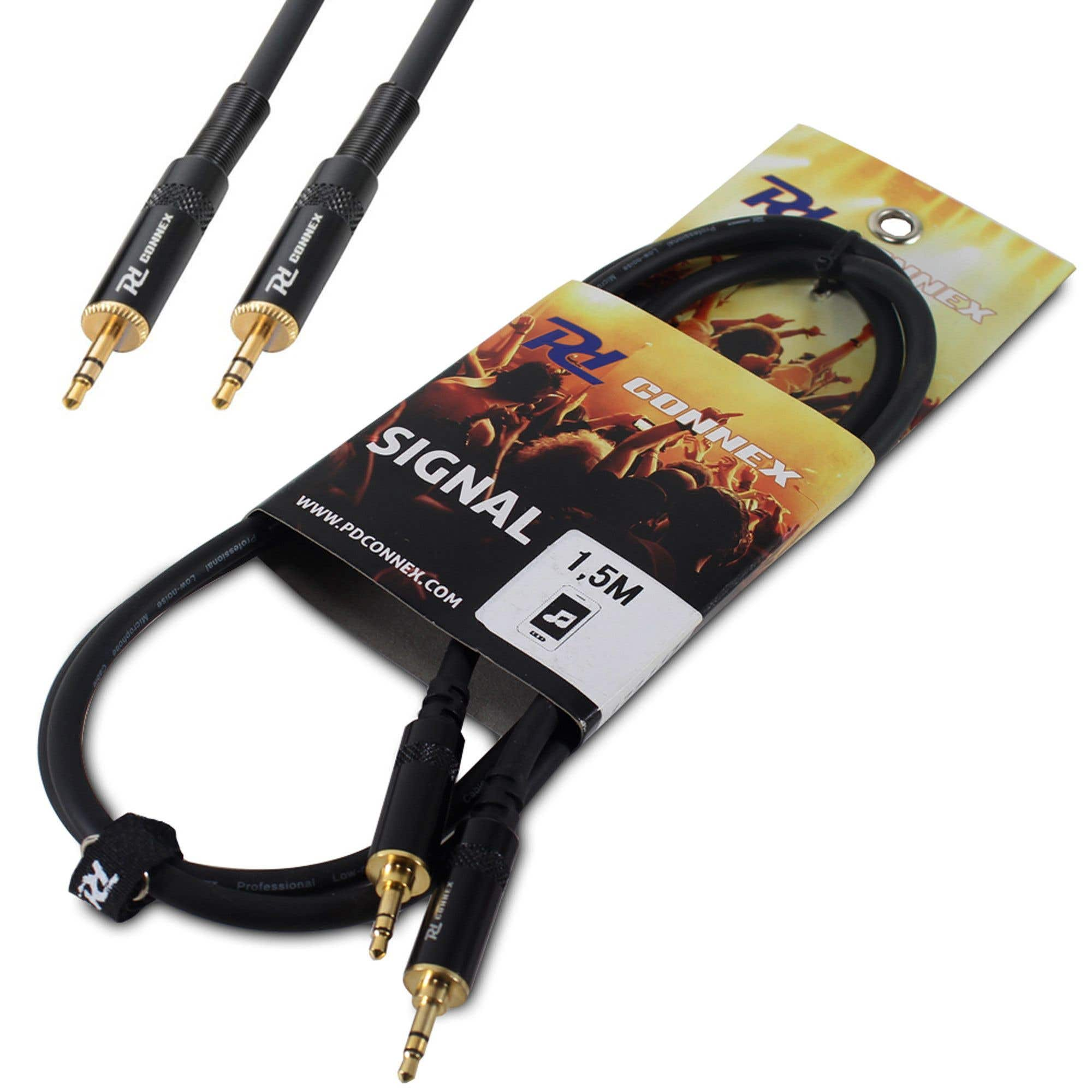 Dos cables de audio negros con conectores dorados. Uno está empaquetado, el otro suelto. El paquete tiene marca y una etiqueta de longitud.