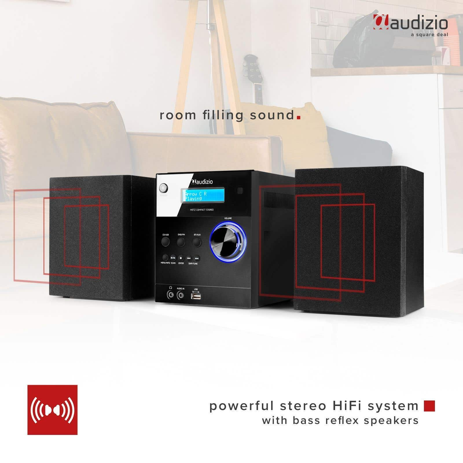 Un sistema stereo nero con altoparlanti. Il display mostra 'Arrow C R Playing'. Il testo dice 'suono avvolgente'.