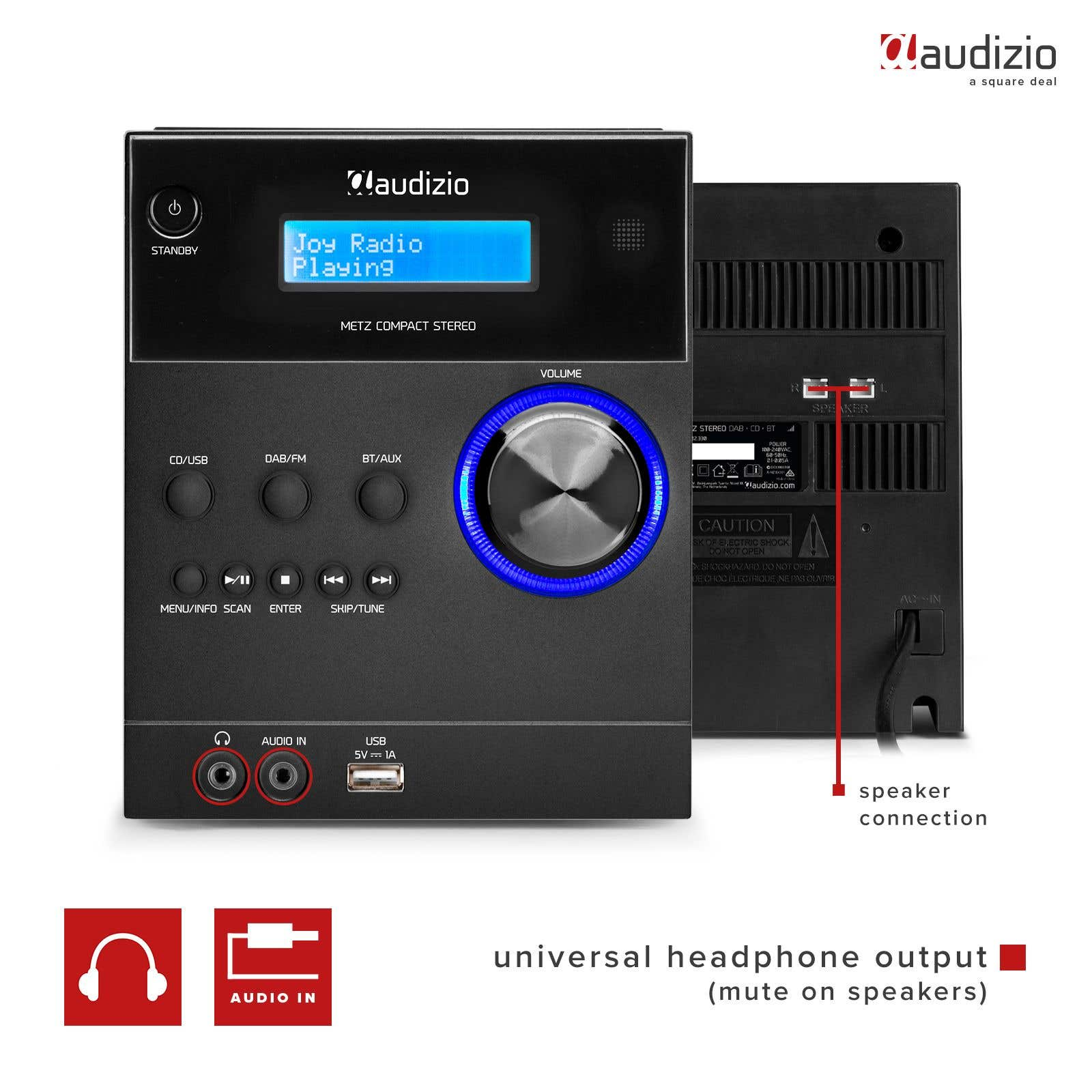 Stereo nero con display blu che mostra 'Joy Radio Playing'. Ha pulsanti per CD, DAB e AUX. Connessioni altoparlanti visibili.
