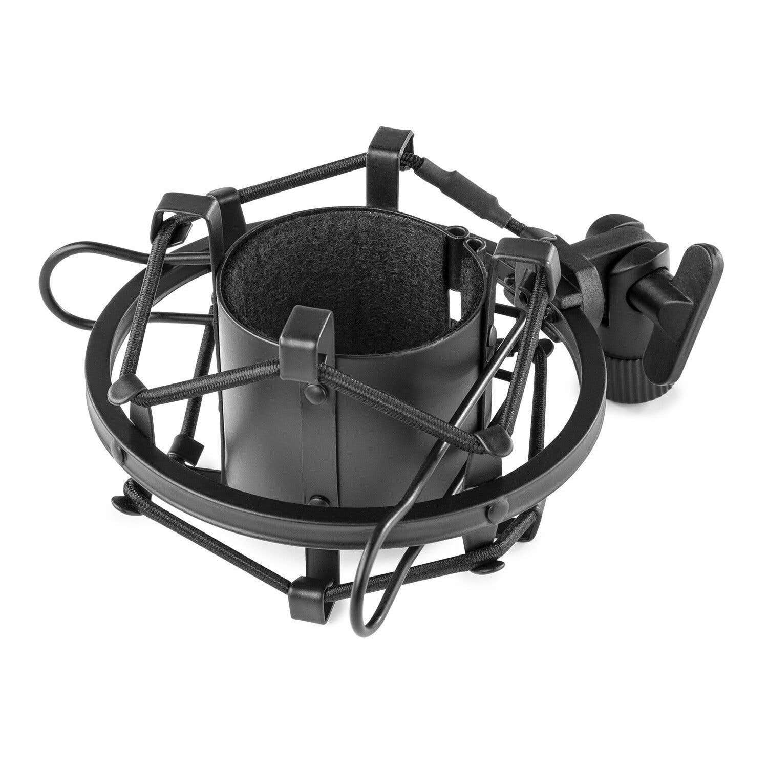 A black microphone shock mount, designed to hold a microphone. It has a circular cage and a central cradle.