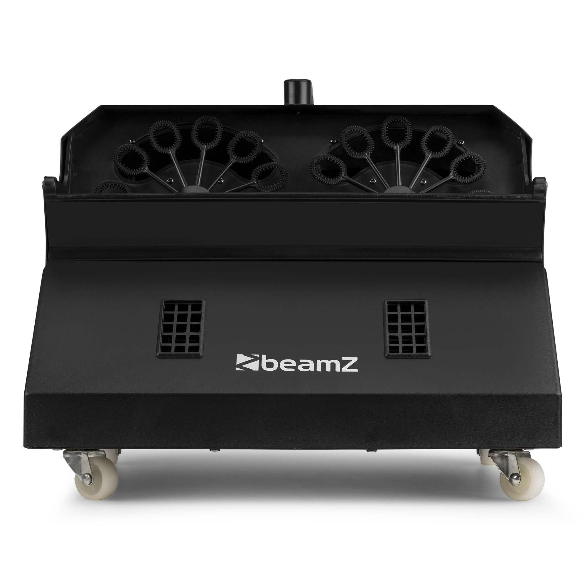 Máquina de burbujas negra con ruedas. Tiene varitas de burbujas. La marca 'beamz' es visible.