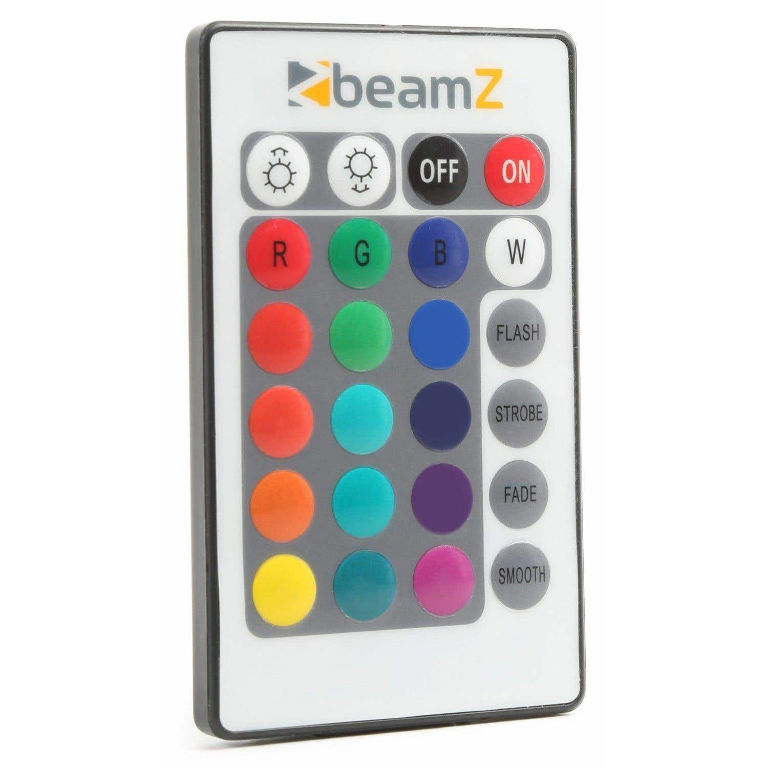 Un mando a distancia blanco con botones para colores y efectos. Tiene un interruptor de encendido/apagado, botones de selección de color y opciones de efectos.