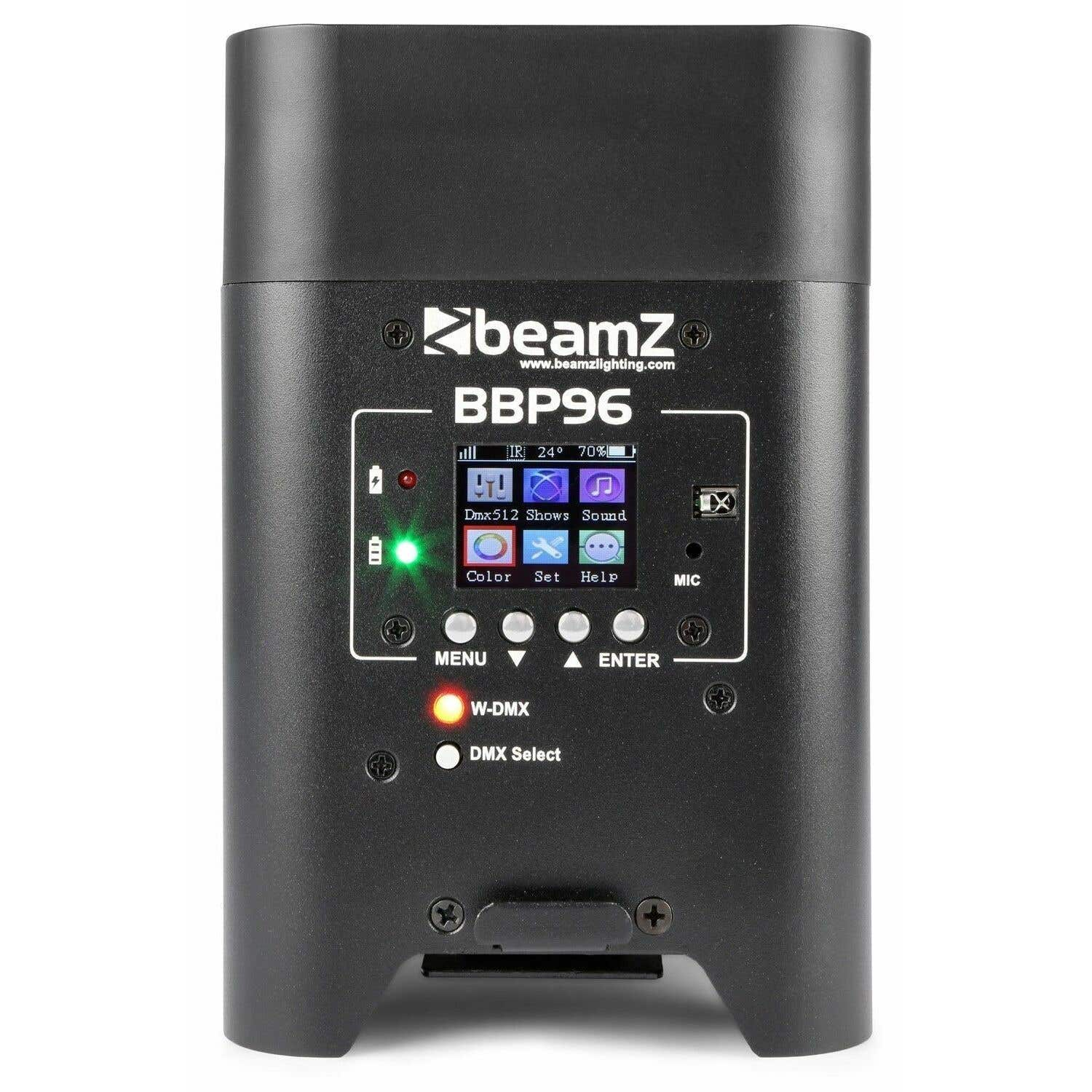 Un dispositivo de iluminación negro Beamz BBP96. Tiene una pequeña pantalla que muestra ajustes y botones para el menú, entrar y configurar el color.