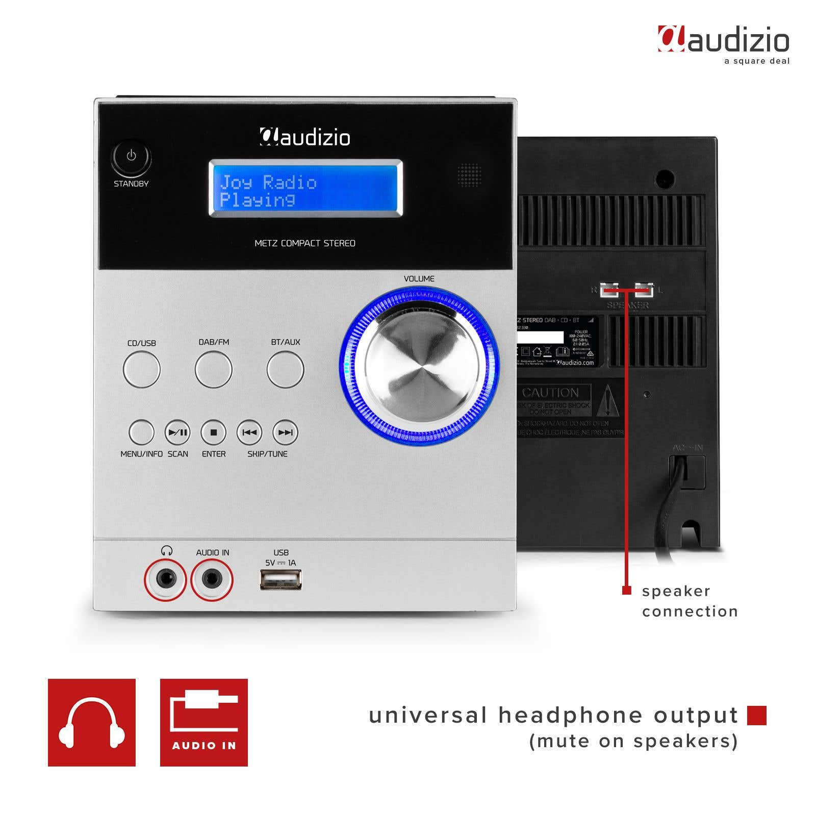 Un sistema stereo argento e nero con display 'Joy Radio Playing' e pulsanti. Connessione altoparlante visibile.