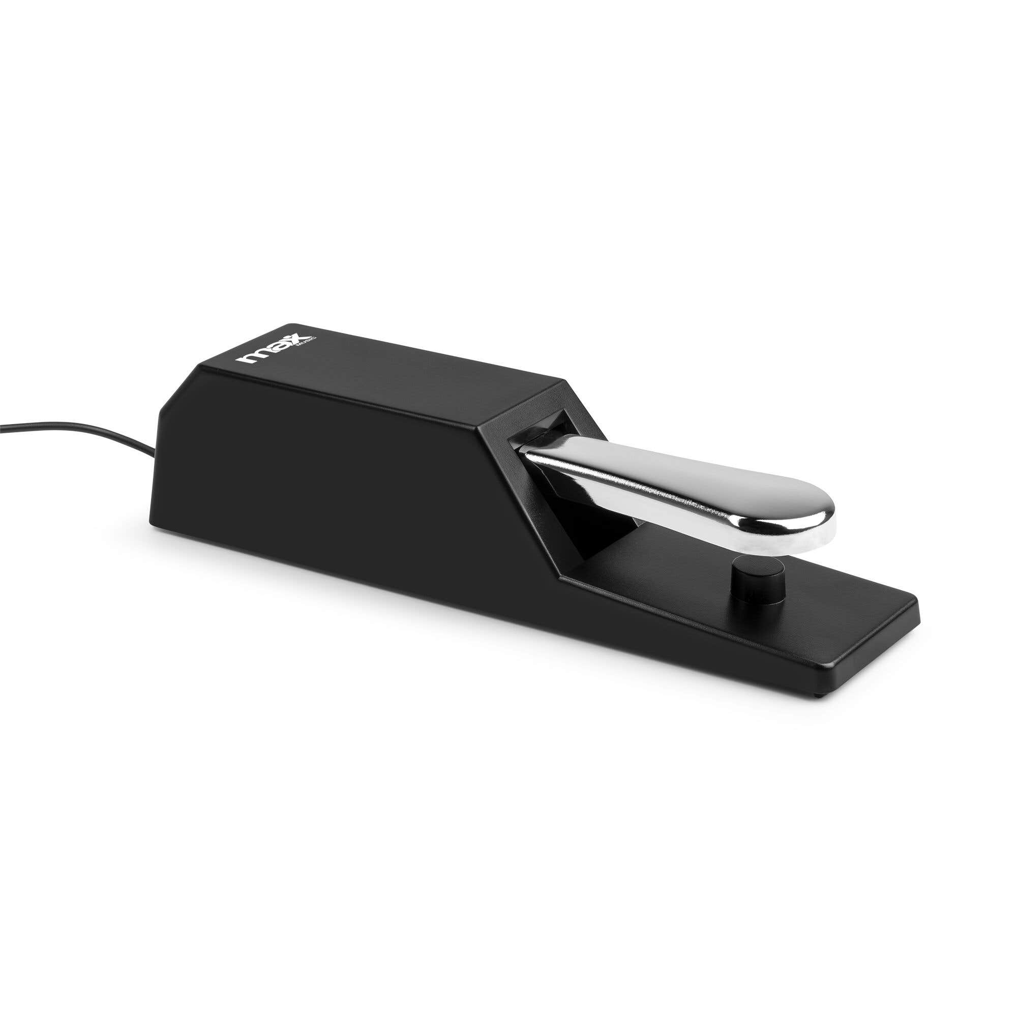 Un pedal de sostenido negro Max Music. Tiene un pedal plateado y un cable negro.