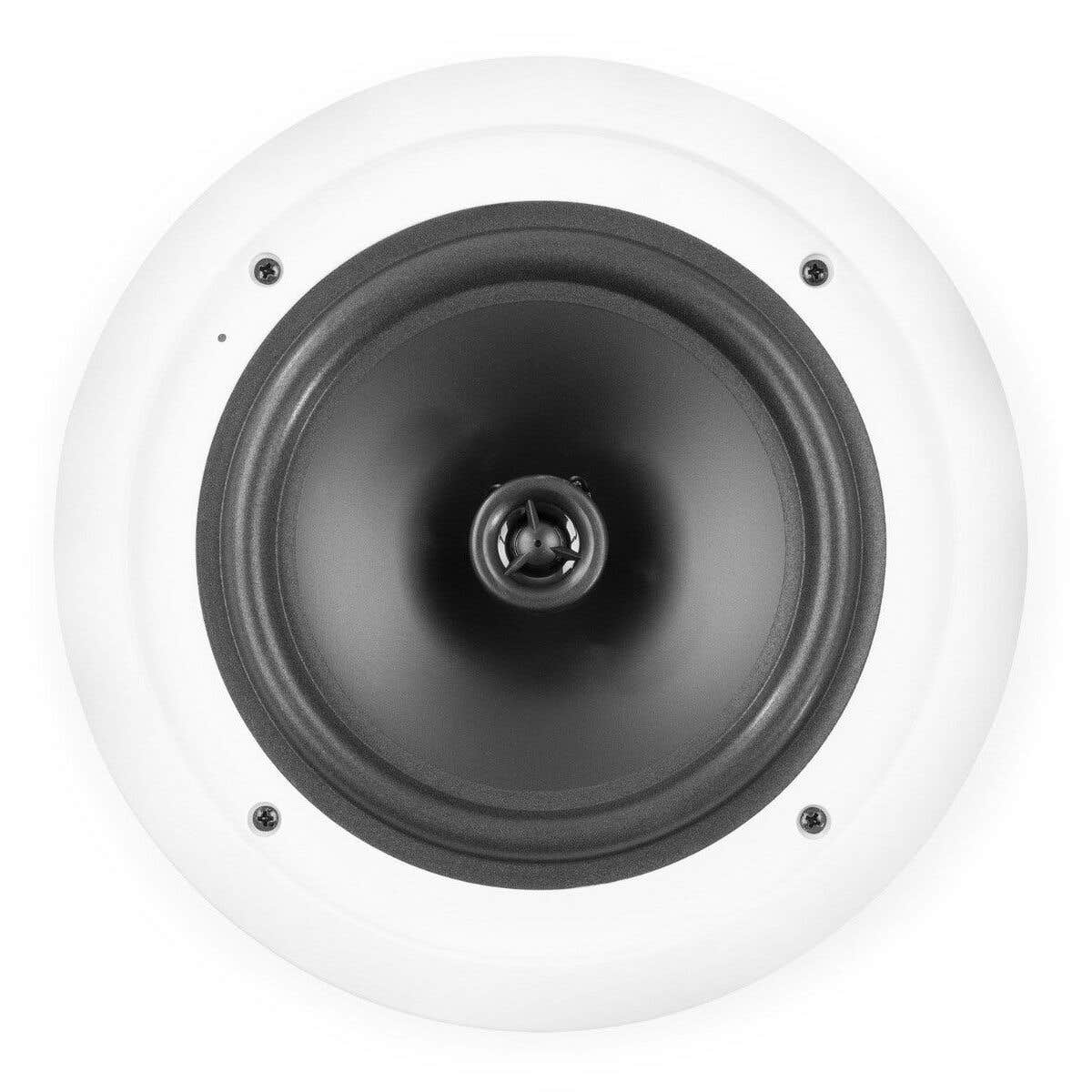 Un altavoz blanco y circular con centro negro. Cuatro tornillos aseguran el altavoz al marco blanco.