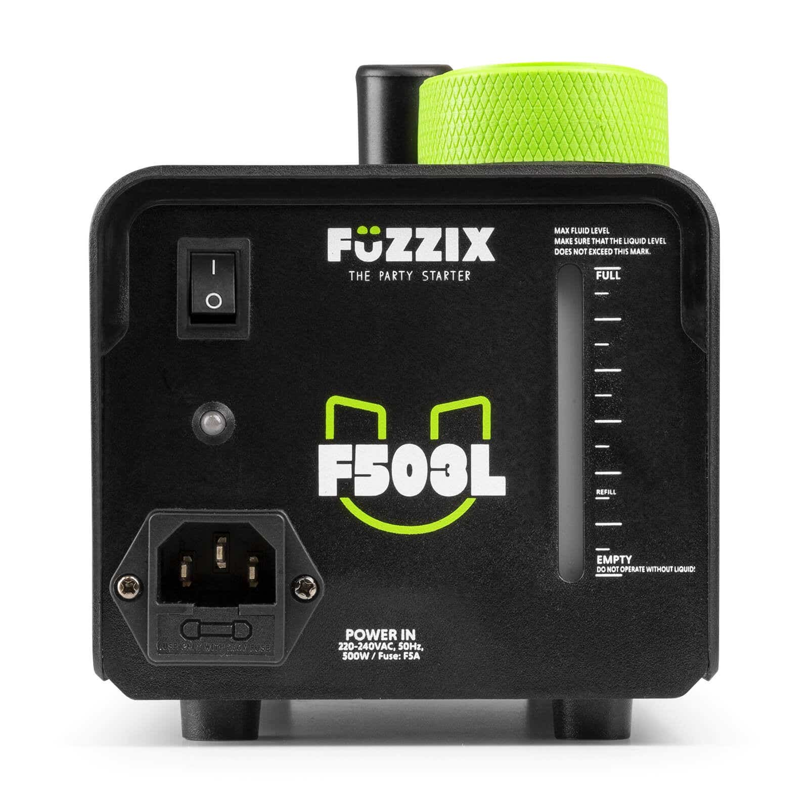 Máquina de niebla FÜZZIX negra con tapa verde. Tiene un interruptor de encendido, indicador de nivel de líquido y entrada de energía.