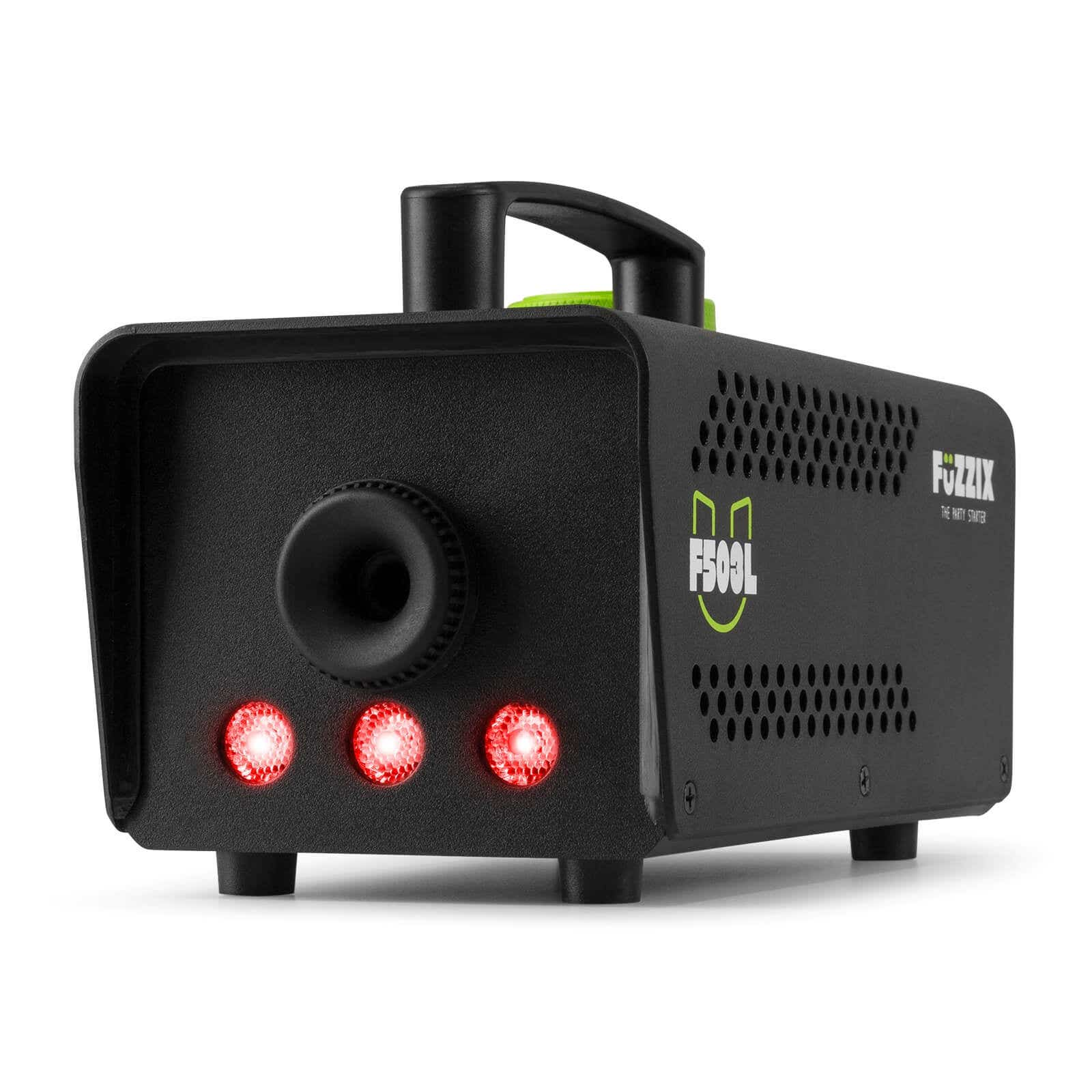 Máquina de niebla negra F500L con asa, luces rojas y el logotipo 'Fuzzix'. La parte delantera tiene una boquilla y tres luces rojas.