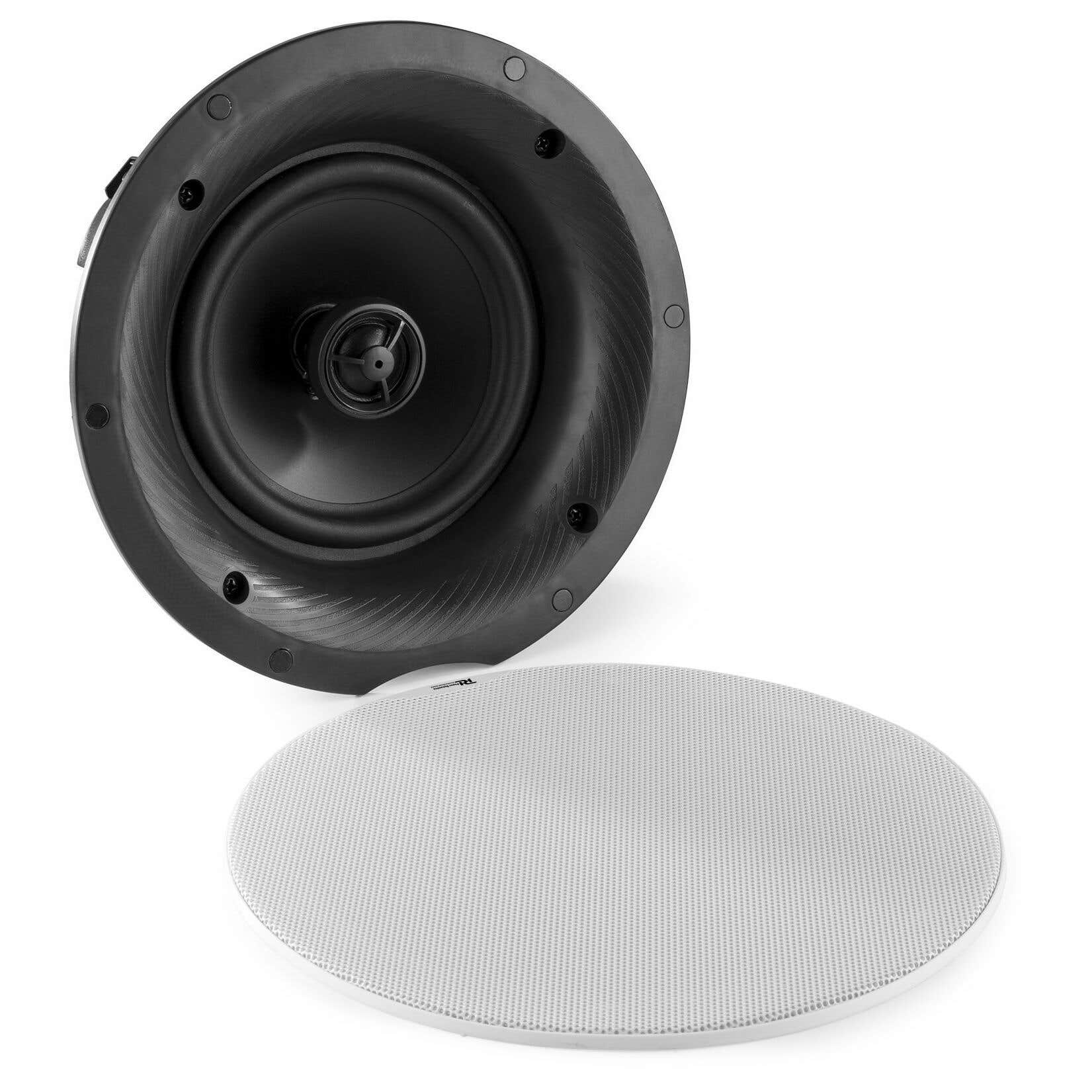Un altavoz negro de techo con una cubierta de malla blanca separada. El altavoz tiene un diseño circular.