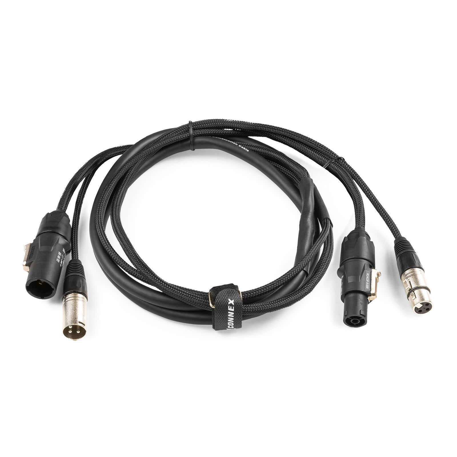 Cable de audio negro con múltiples conectores. Se enrolla sobre sí mismo y tiene una correa de velcro con la palabra CONNEX.