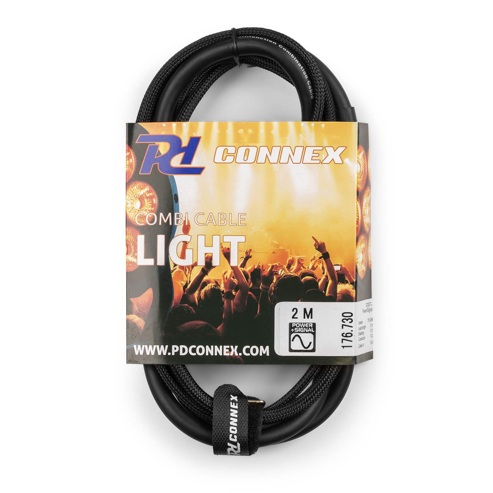 Cable negro con etiqueta 'PD CONNEX' y luz de cable Combi. Muestra una multitud en un concierto. Fondo blanco.