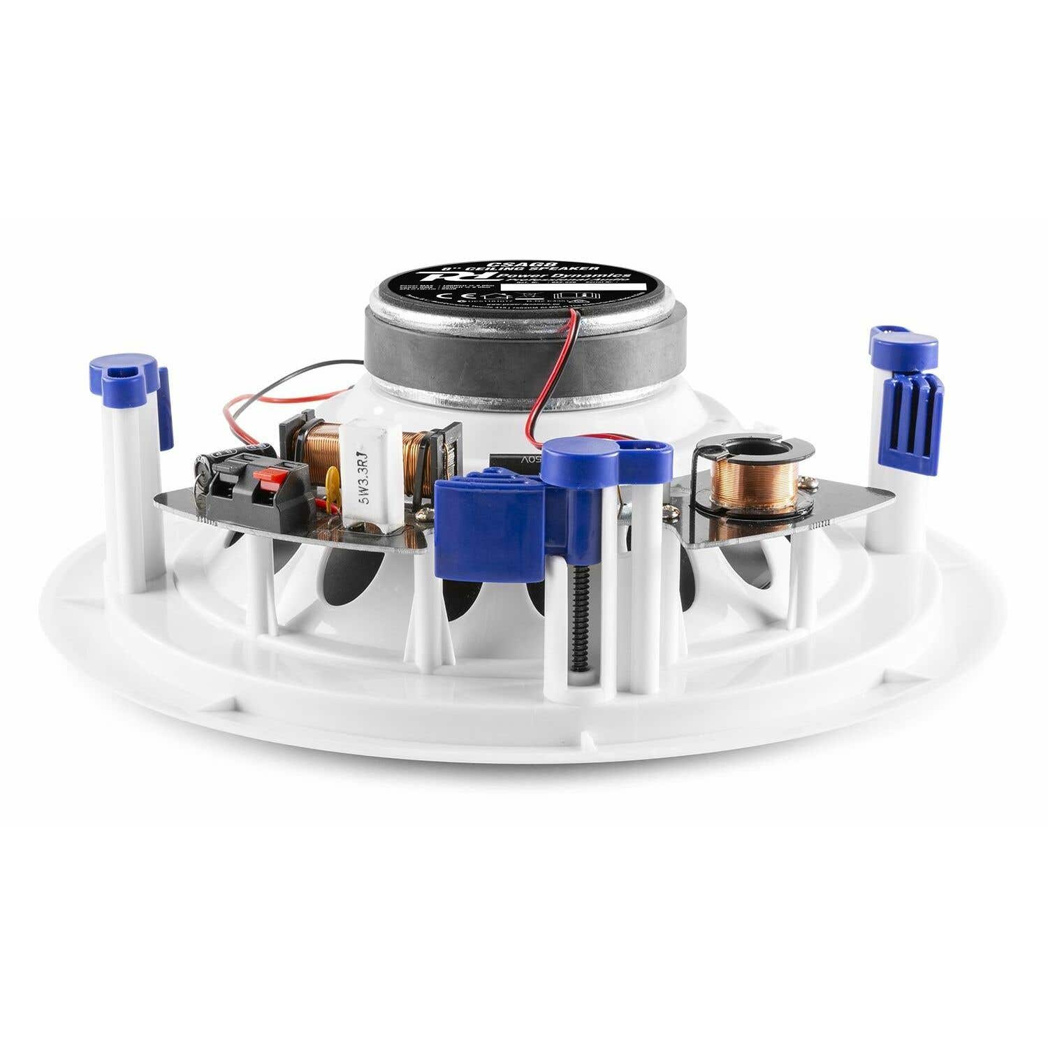 Altavoz blanco con componentes expuestos: cables, placa de circuito y un cono central. Conectores azules y marco blanco.