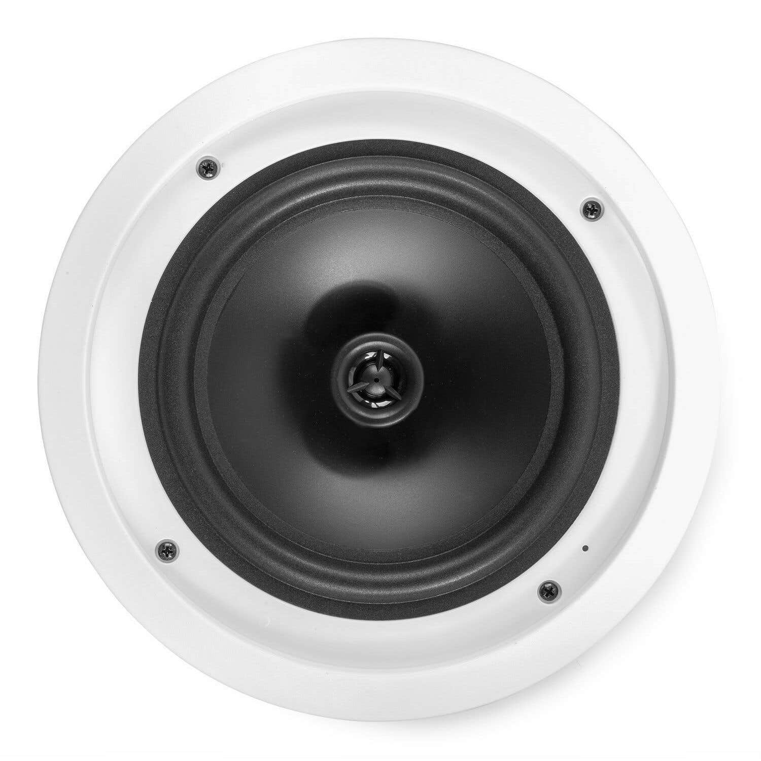 Un altavoz de techo circular blanco. Tiene un cono negro, rodeado por un anillo de goma y un marco blanco con cuatro tornillos.
