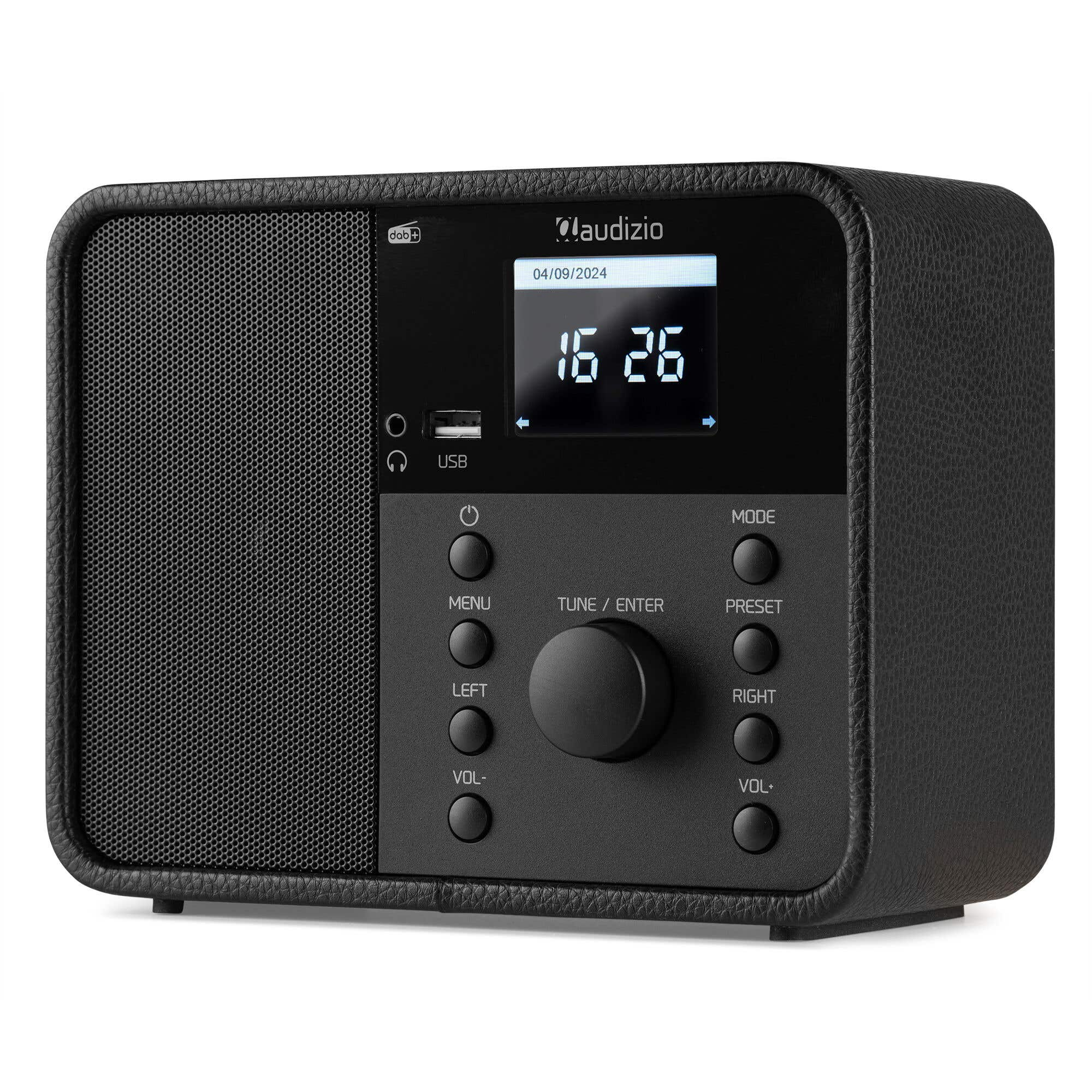 Schwarzes Audizio-Radio mit Anzeige von Uhrzeit und Datum. Es hat Tasten für verschiedene Funktionen und ein Lautsprechergitter.