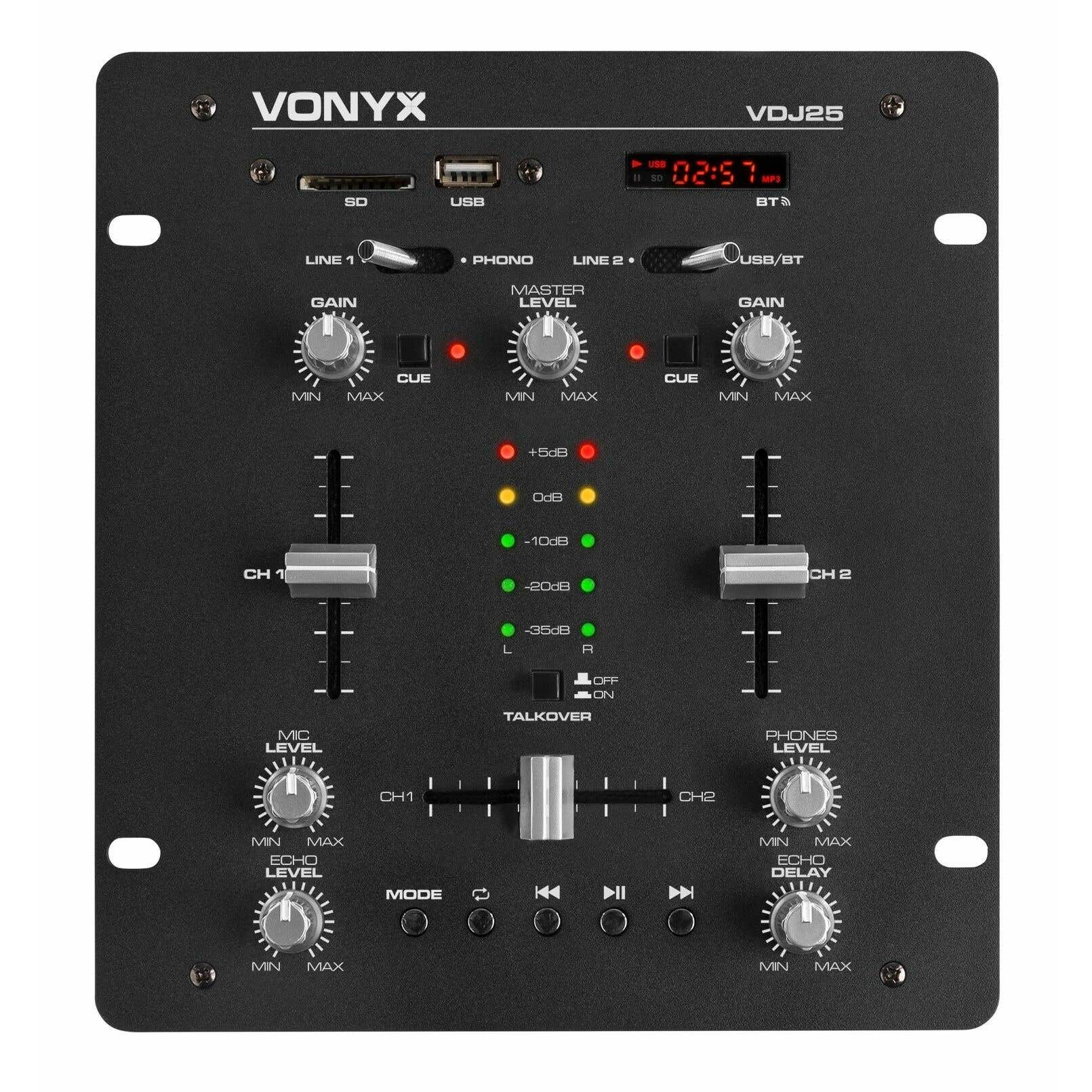 Mezclador DJ Vonyx negro con perillas, faders y botones. Incluye puertos SD y USB, y una pantalla digital. Con indicadores de nivel.