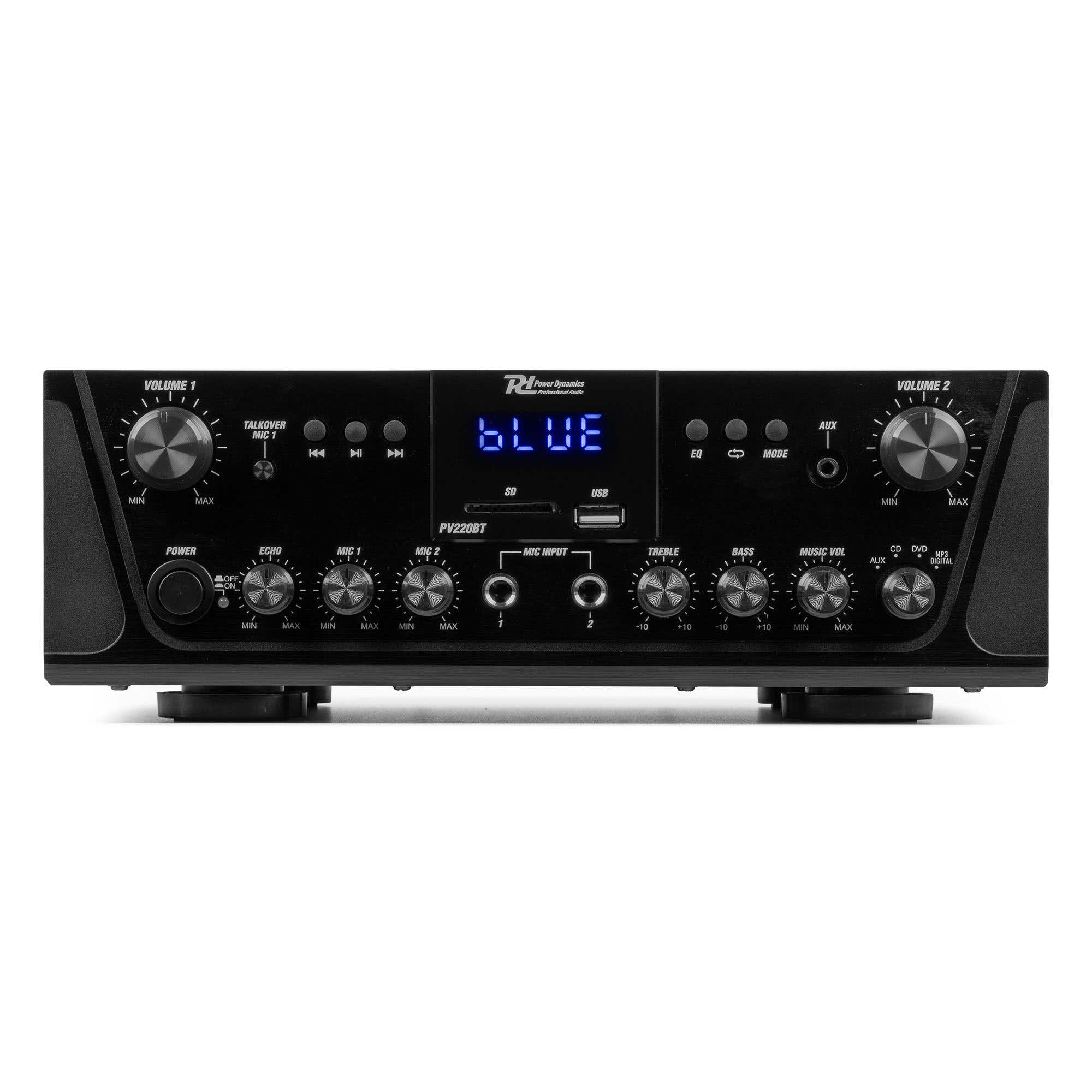 Receptor de audio negro con perillas, botones y una pantalla digital que muestra 'BLUE'. Cuenta con controles de volumen, micro y música.