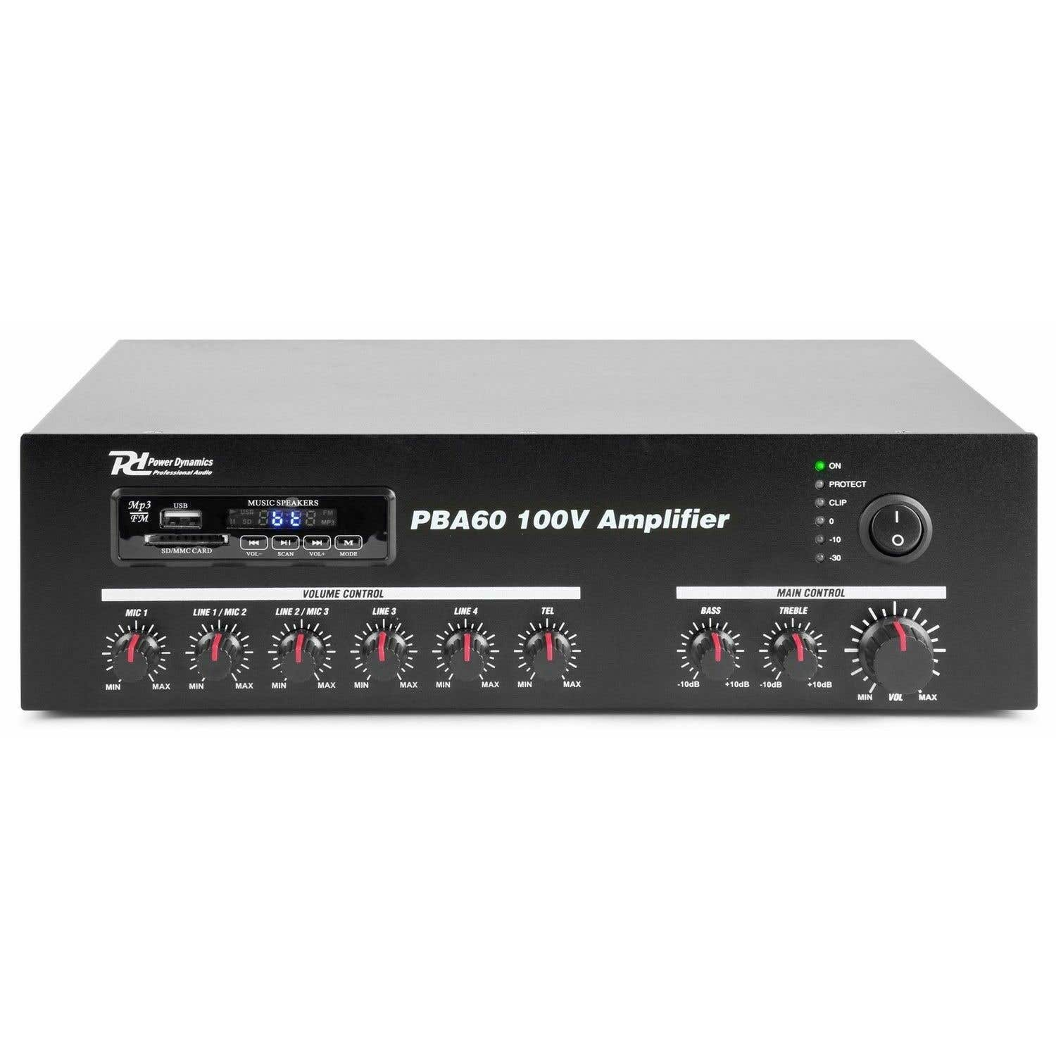 Amplificador PBA60 100V negro con controles de volumen, bajos, agudos y entradas para micros y líneas. Tiene una pantalla digital.