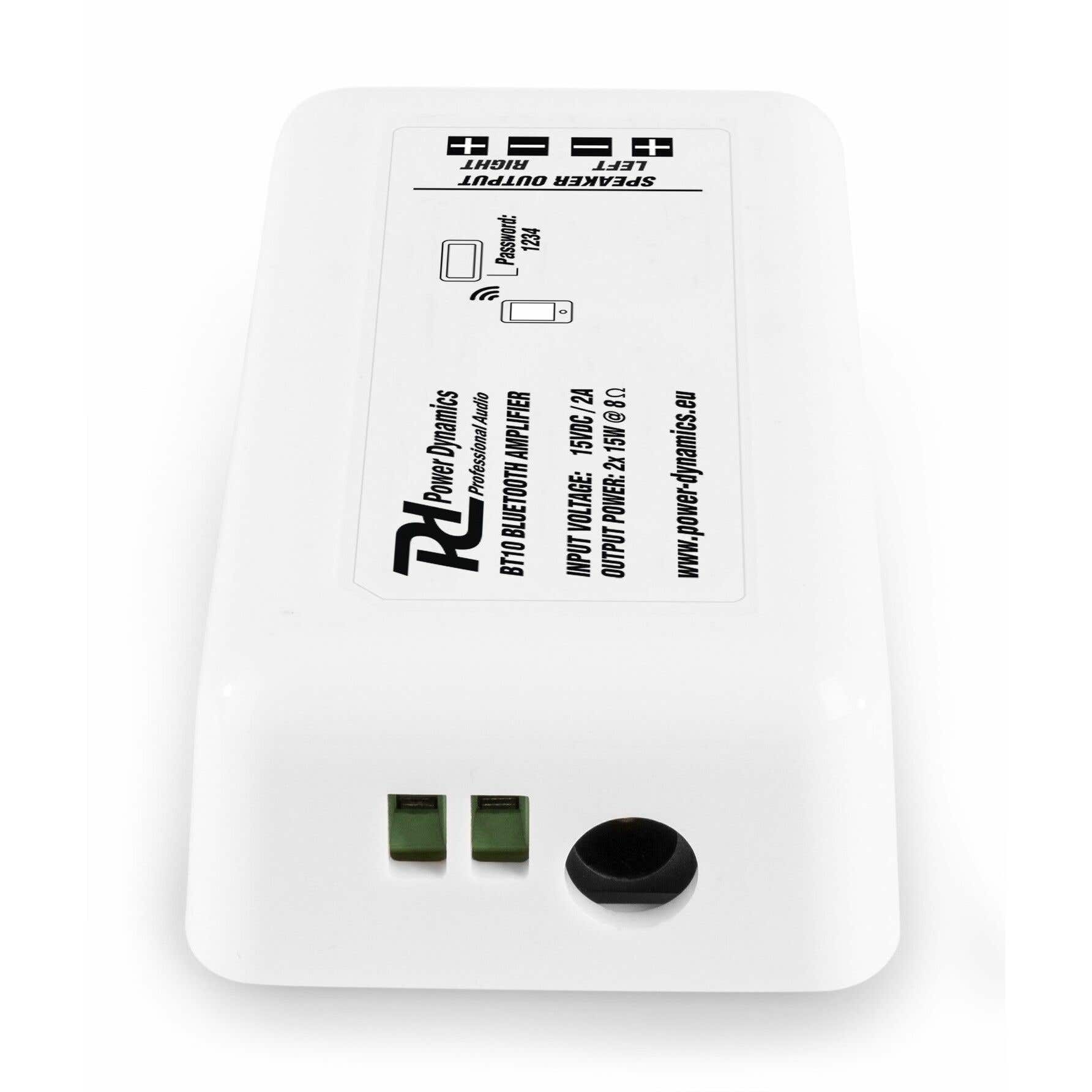 Un amplificador Bluetooth BT10 blanco con salida de altavoz e información de alimentación. Tiene conectores verdes.
