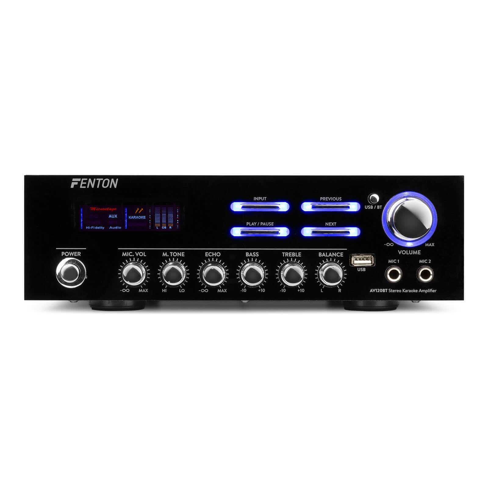Amplificador de audio negro con botones, perillas y una pantalla. Controles incluyen encendido, volumen y ajustes de entrada. La marca es FENTON.