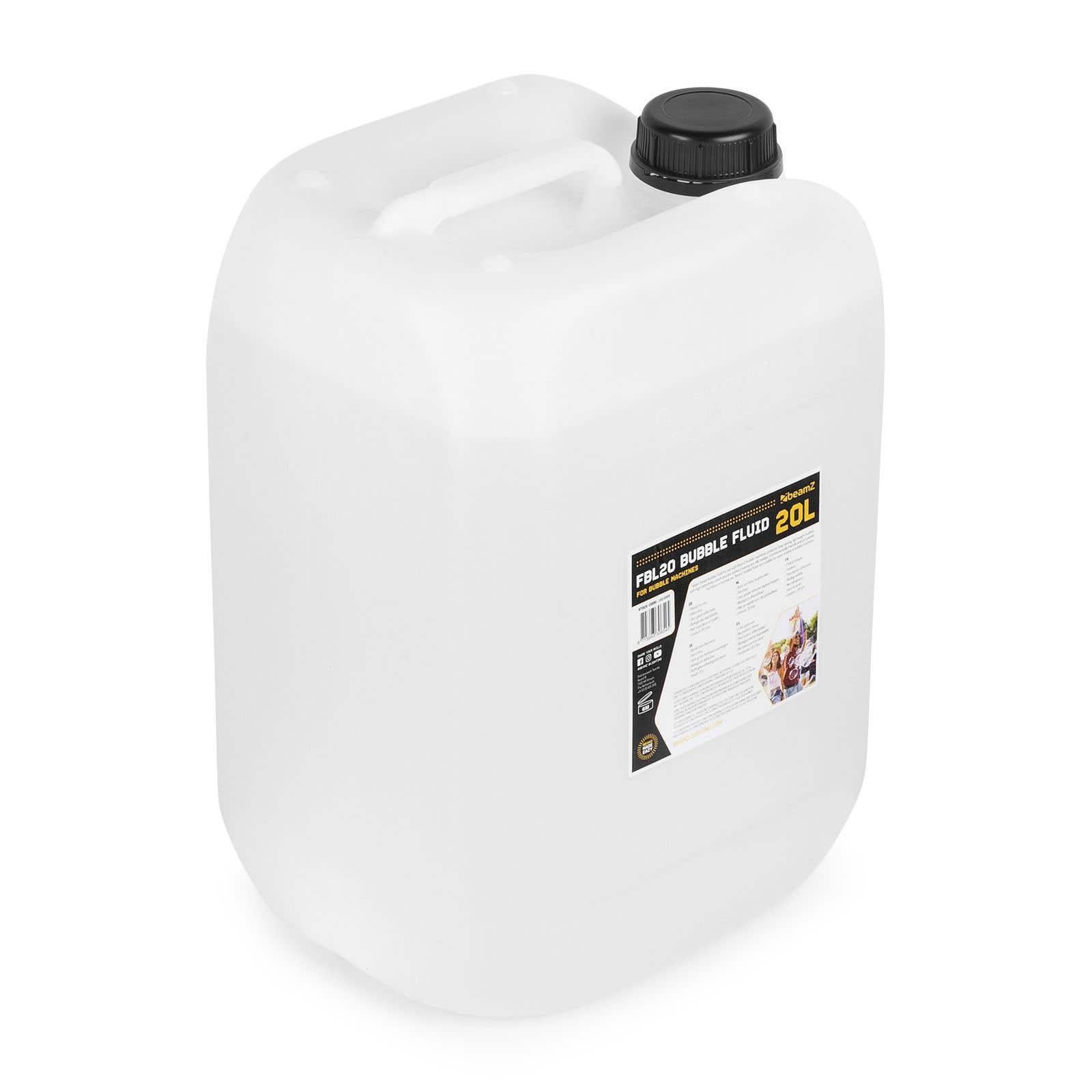 Un recipiente blanco de 20L de líquido de burbujas con tapa negra y asa, etiqueta lateral.