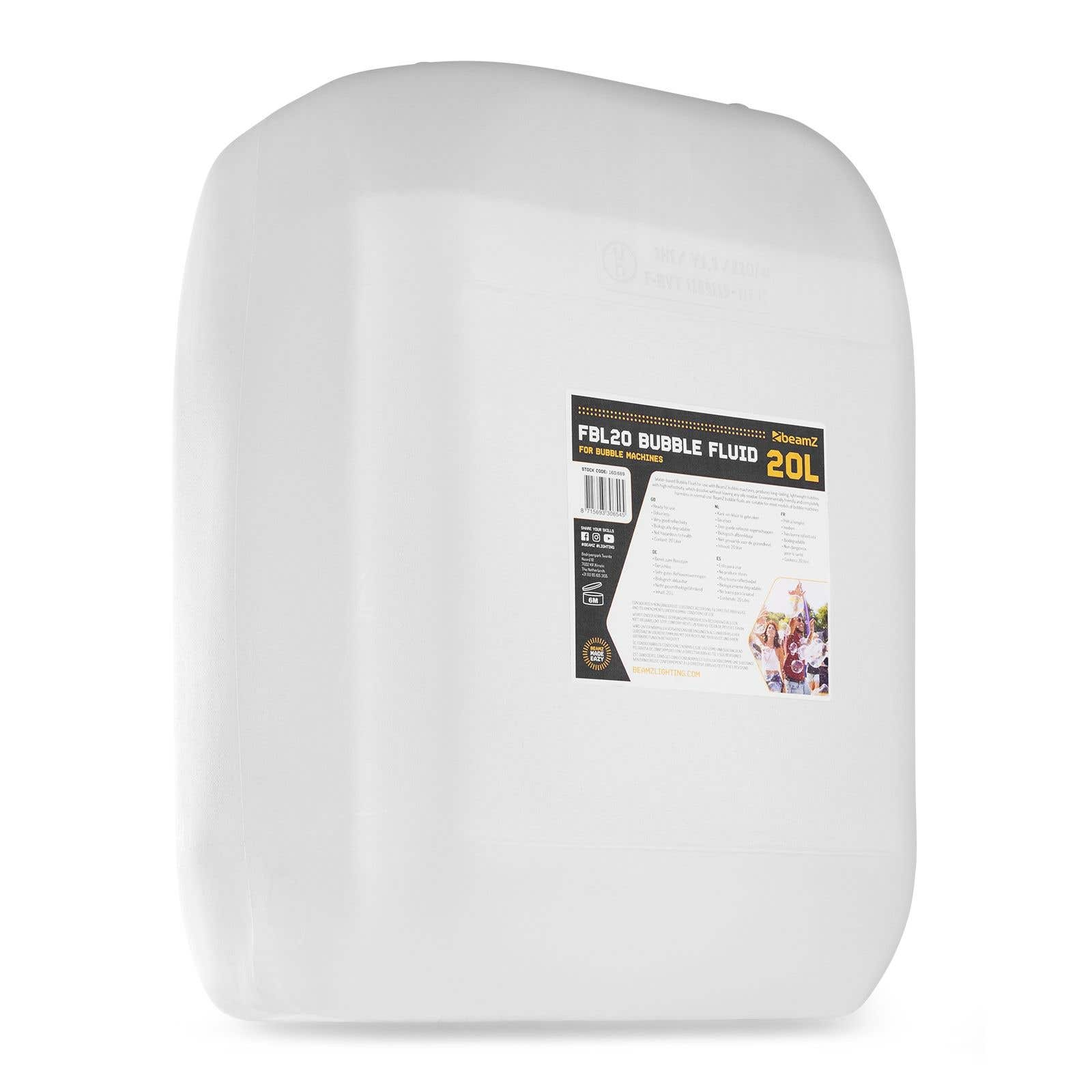 Un contenedor blanco grande con la etiqueta 'FBL20 BUBBLE FLUID' para máquinas de burbujas, con marca y capacidad de 20L.