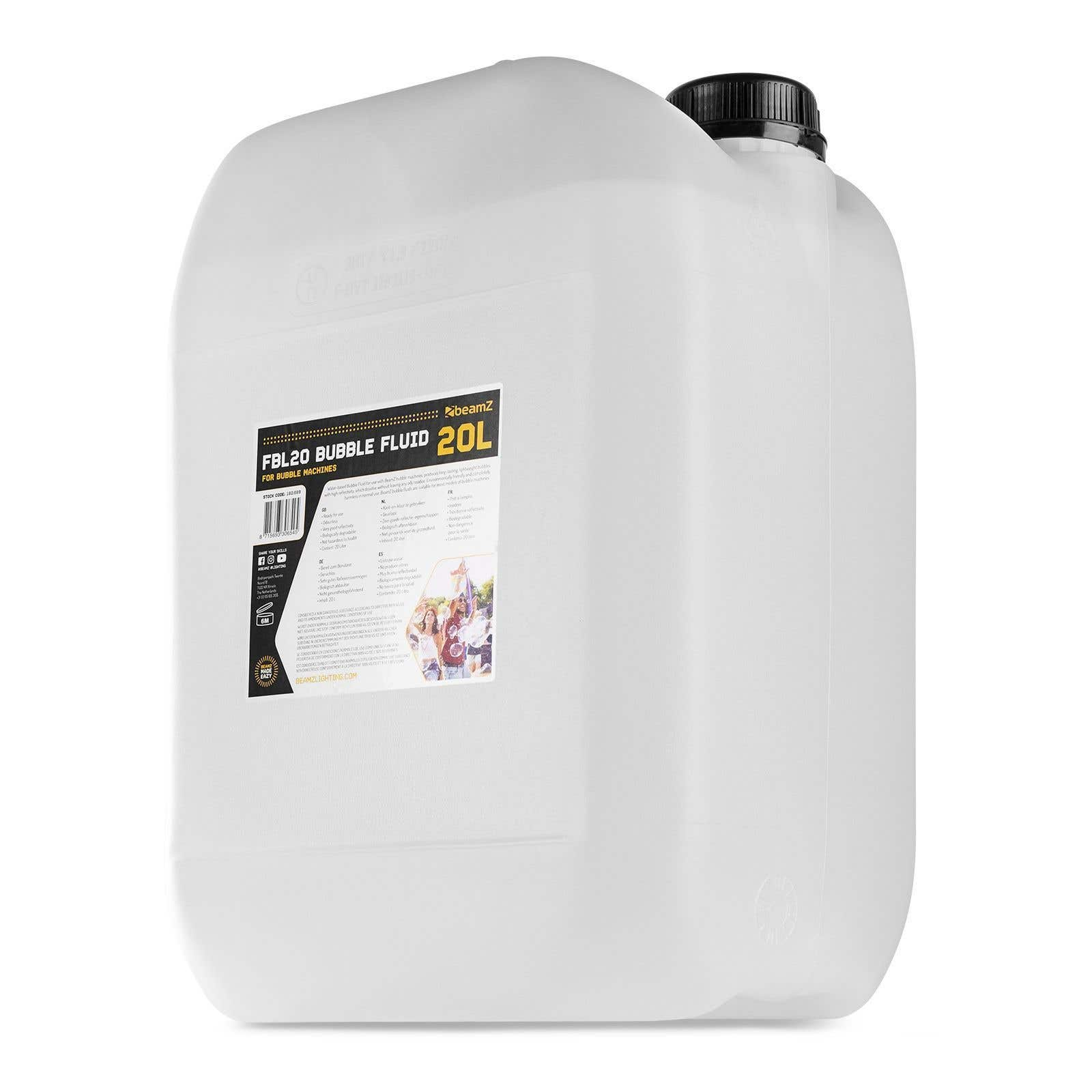 Un recipiente de plástico blanco de líquido de burbujas, etiquetado como 'FBL20 BUBBLE FLUID 20L', con tapa negra.