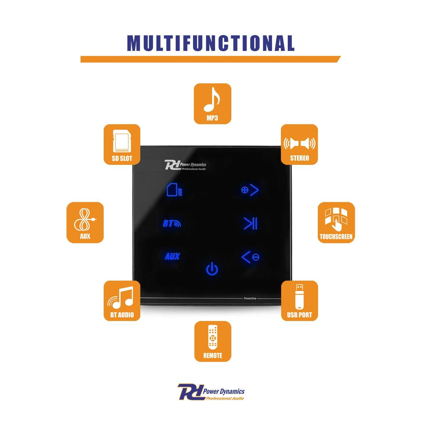 Ein schwarzes Power Dynamics-Audiopanel mit verschiedenen Funktionssymbolen: MP3, AUX, BT, SD-Steckplatz, Stereo, Touchscreen, USB und Fernbedienung.