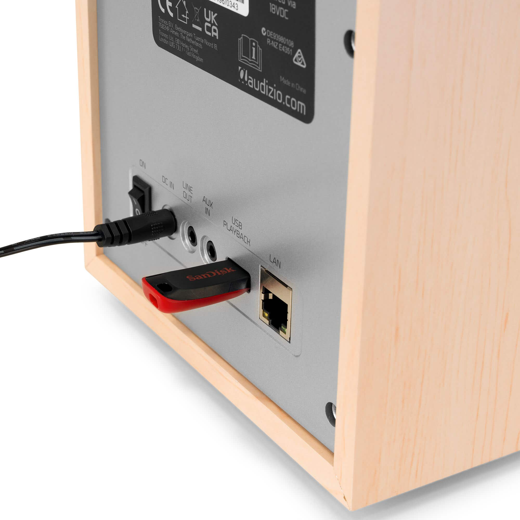 Parte trasera de un altavoz con puertos, una memoria USB y un cable de alimentación enchufado. El altavoz está en un marco de madera.