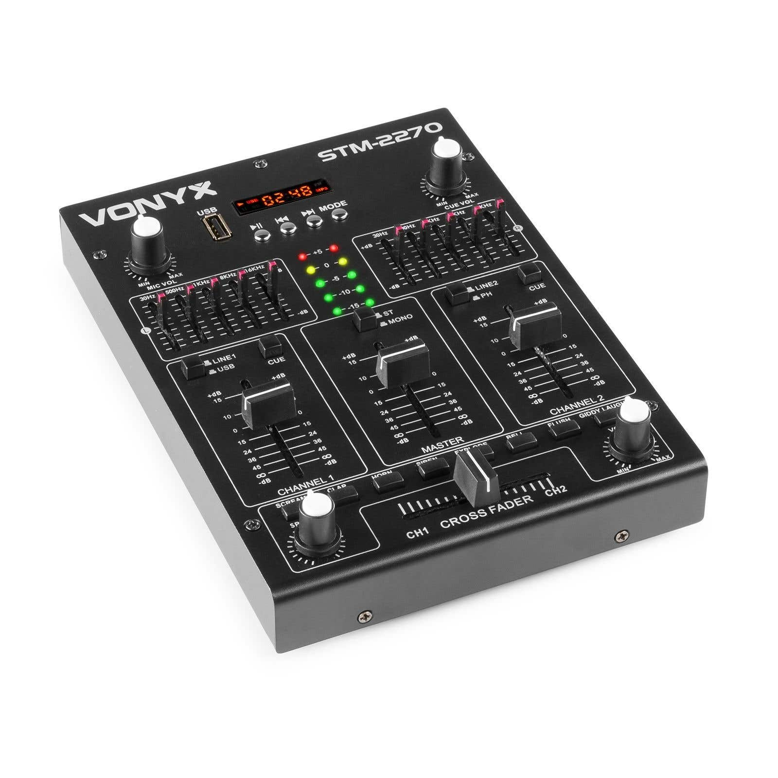 Mezclador DJ Vonyx STM-2270 negro con perillas, faders y botones. Muestra lecturas y tiene entrada USB.