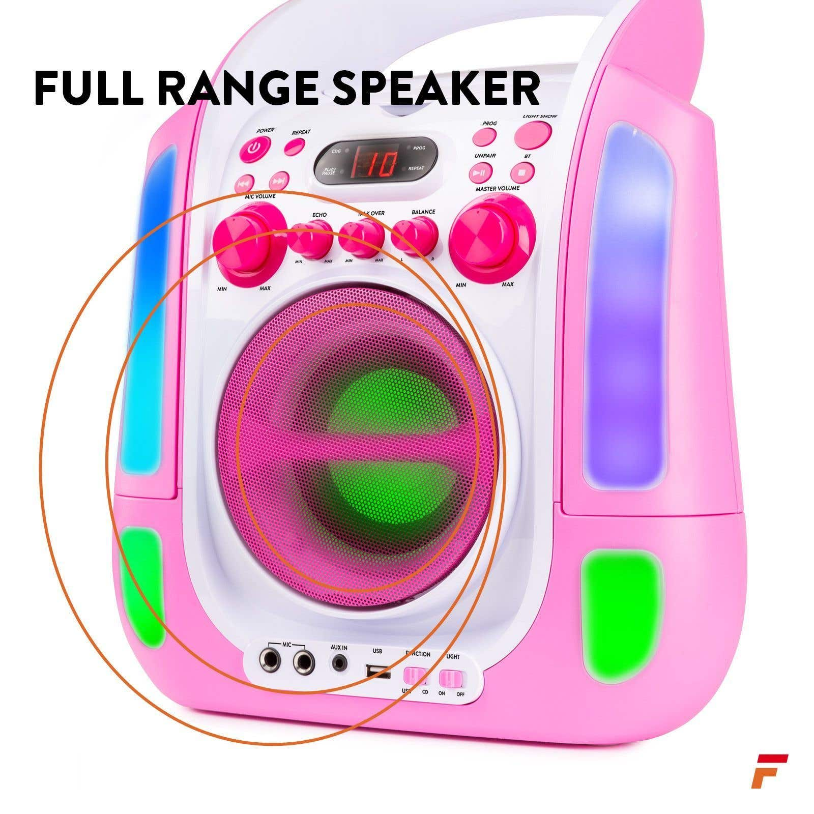 Altavoz rosa y blanco con detalles verdes y rosas, varios botones y diales, y una pantalla digital.
