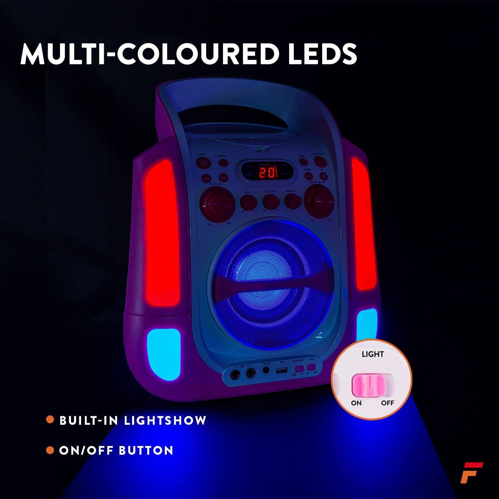 Altavoz rosa con LEDs multicolores. Botón de encendido/apagado y función de espectáculo de luces. Pantalla digital muestra '20'.