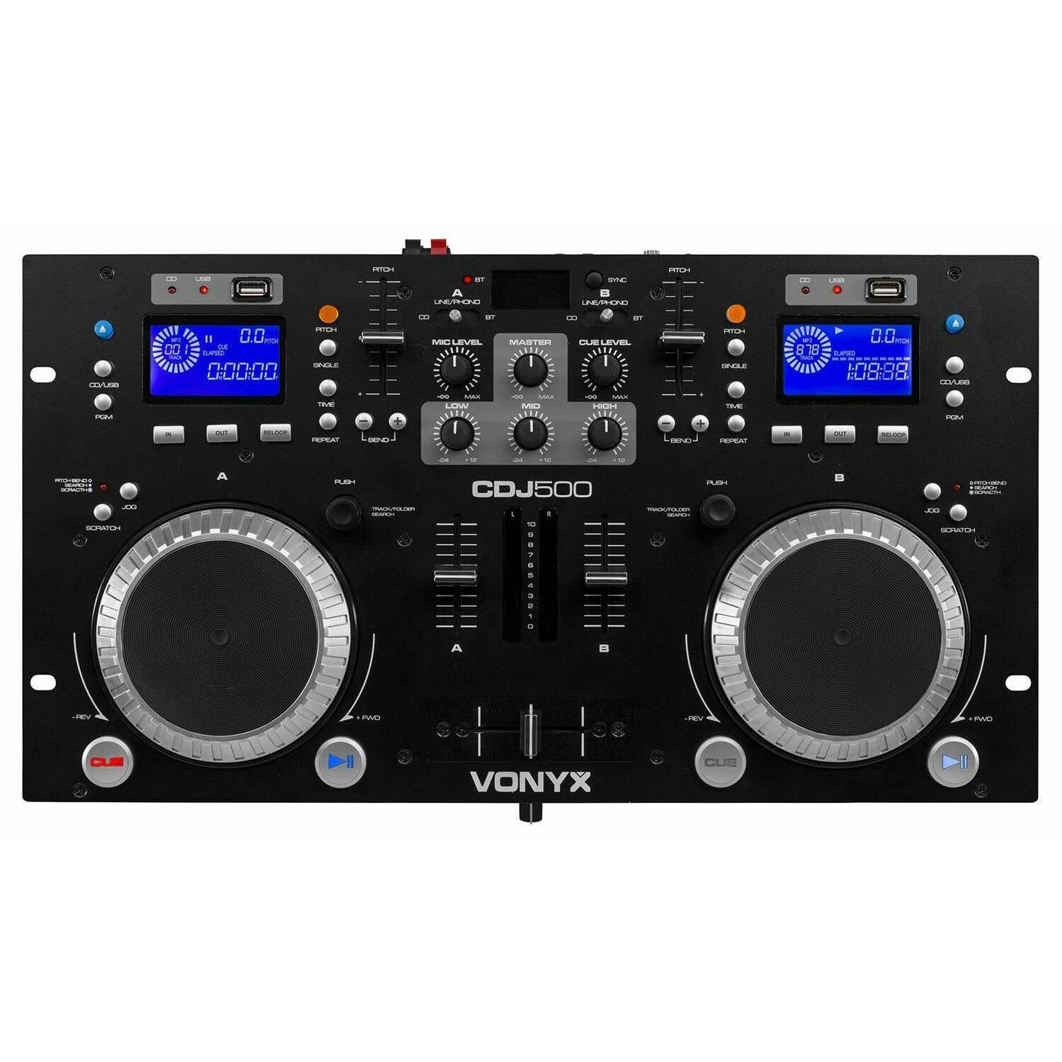 Mezclador de DJ negro con dos tocadiscos, varios botones, perillas y pantallas digitales. Visible la marca Vonyx.